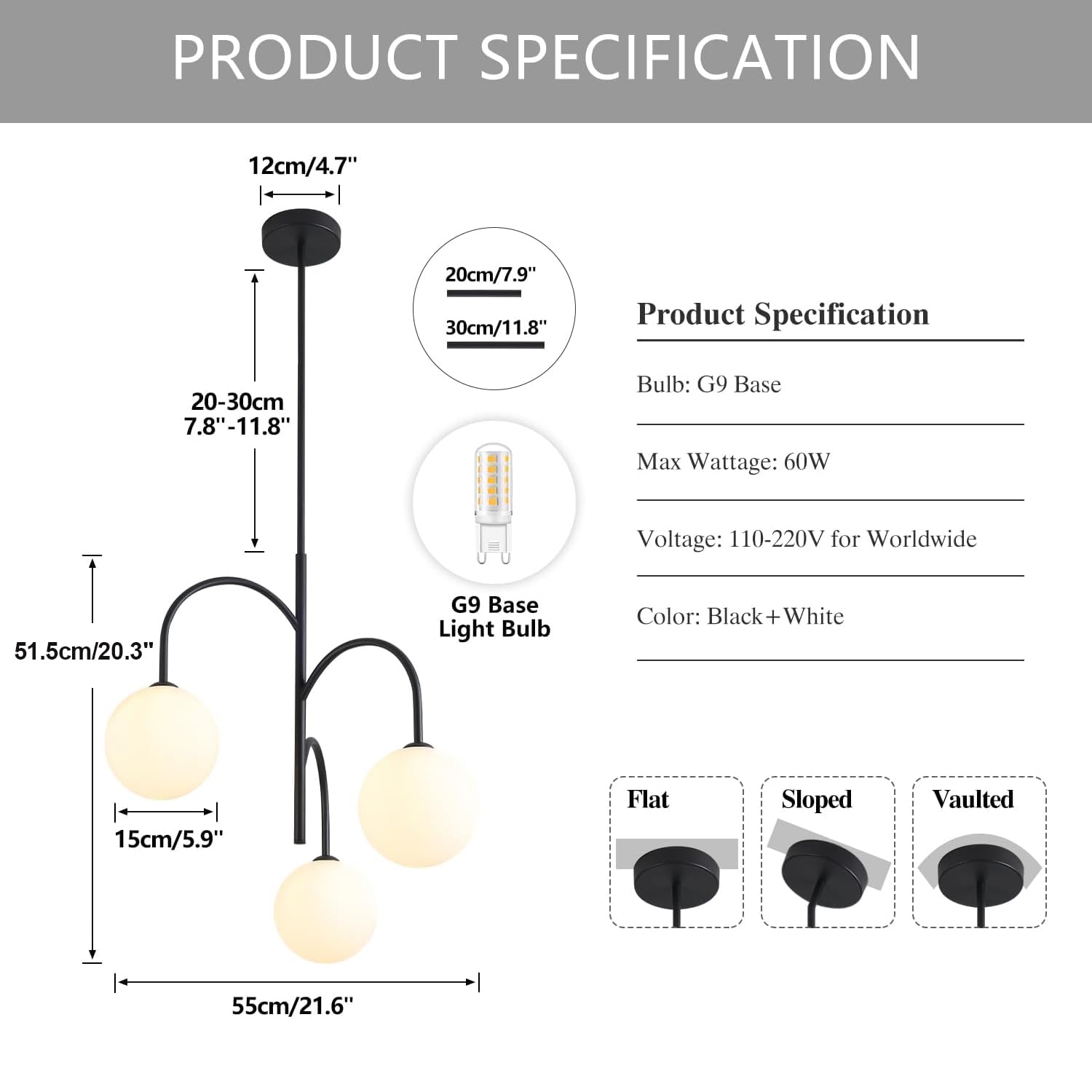 Flyrose 3-Light Milk Glass Chandelier, Black Globe Pendant, Vintage Farmhouse Light Fixture, Model FP2076-BW, White Frosted Glass