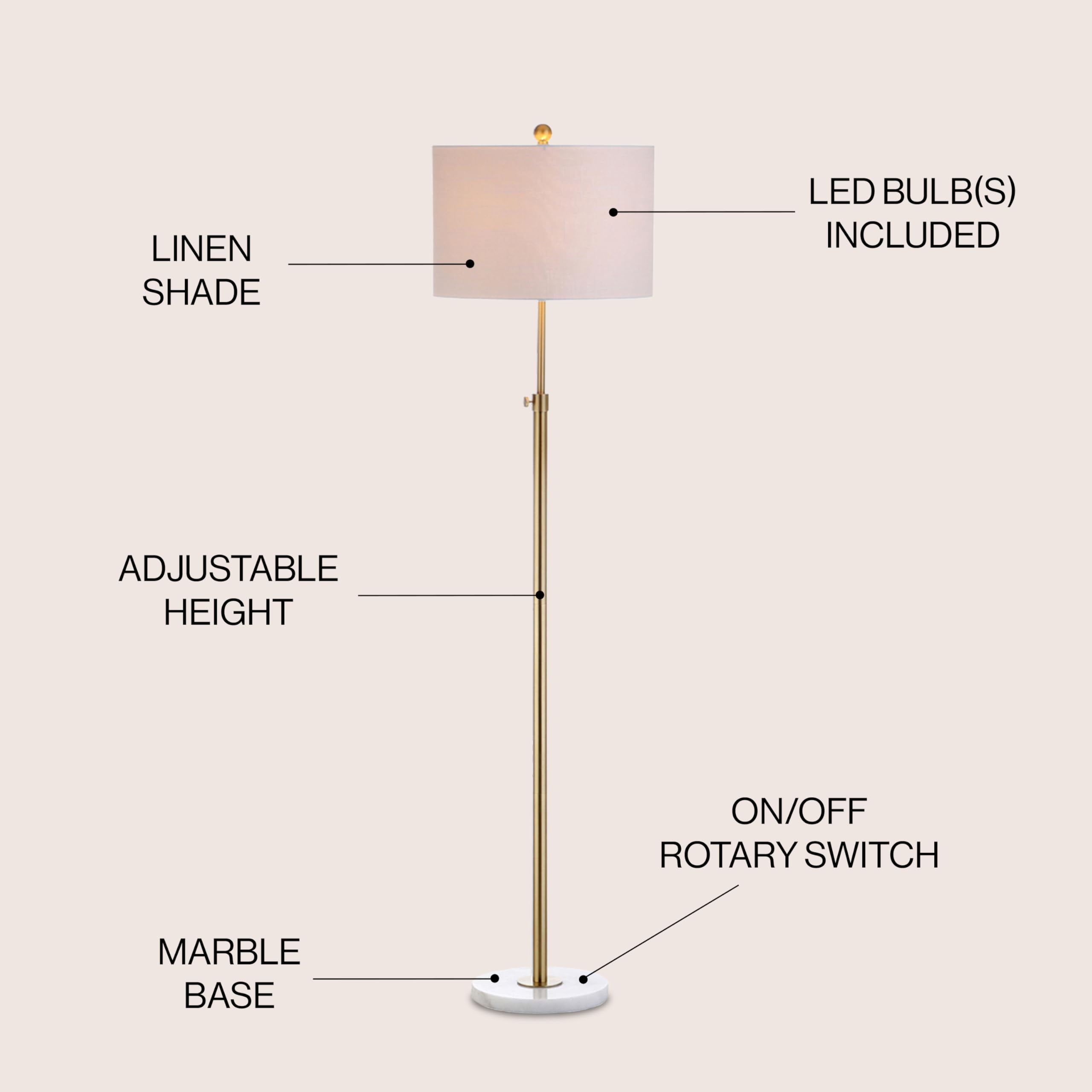Jonathan Y Jyl3022A June 65'' Adjustable Metal/Marble Led Floor Lamp, Modern, Contemporary, Elegant, Glam, Office, Living Room,