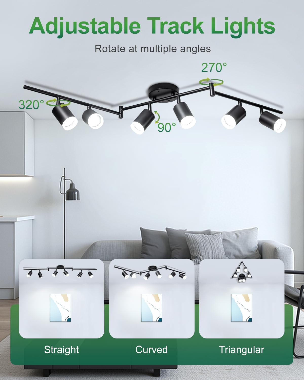 Fondiiz 6 Ways Track Lighting Kit - Rotatable Heads, Modern Black Ceiling Spotlight, Acrylic Cover, Model FL0102