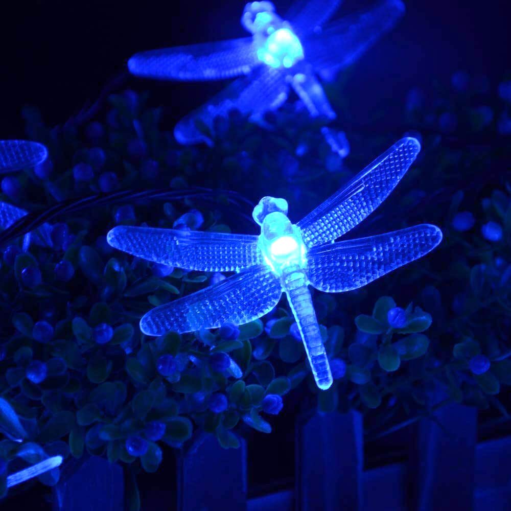 SEMILITS Solar String Light, 22Ft, 30 Crystal Dragonfly LEDs, Waterproof, Blue, Outdoor Fairy Lights for Patios, Homes, Gardens