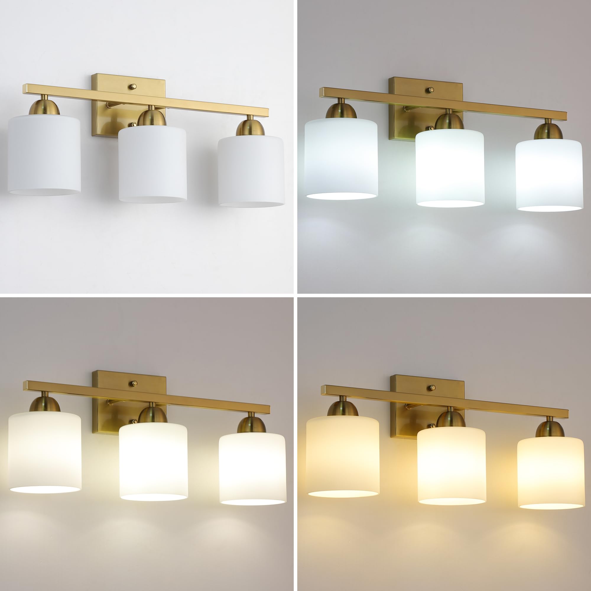 Mecgirn Stainless Steel Milk Glass Bathroom Vanity Light Over Mirror, 3 Light Brushed Gold Bathroom Light Fixtures With Frosted