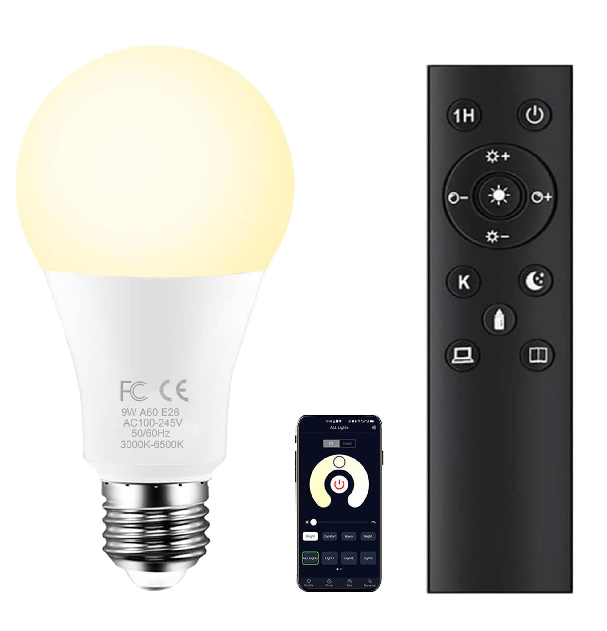 AILEMING E26 A60 9W Smart LED Bulb with 2.4GHz Remote Control, for Bedroom, Mood Soothing, 60W Equivalent 800lm,Stepless Dimmabl