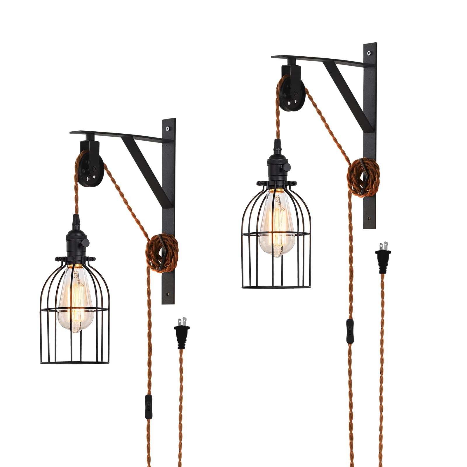 Seeblen Farmhouse Black Pendant Light Set Of 2, Iron Pulley Lamps With Switch