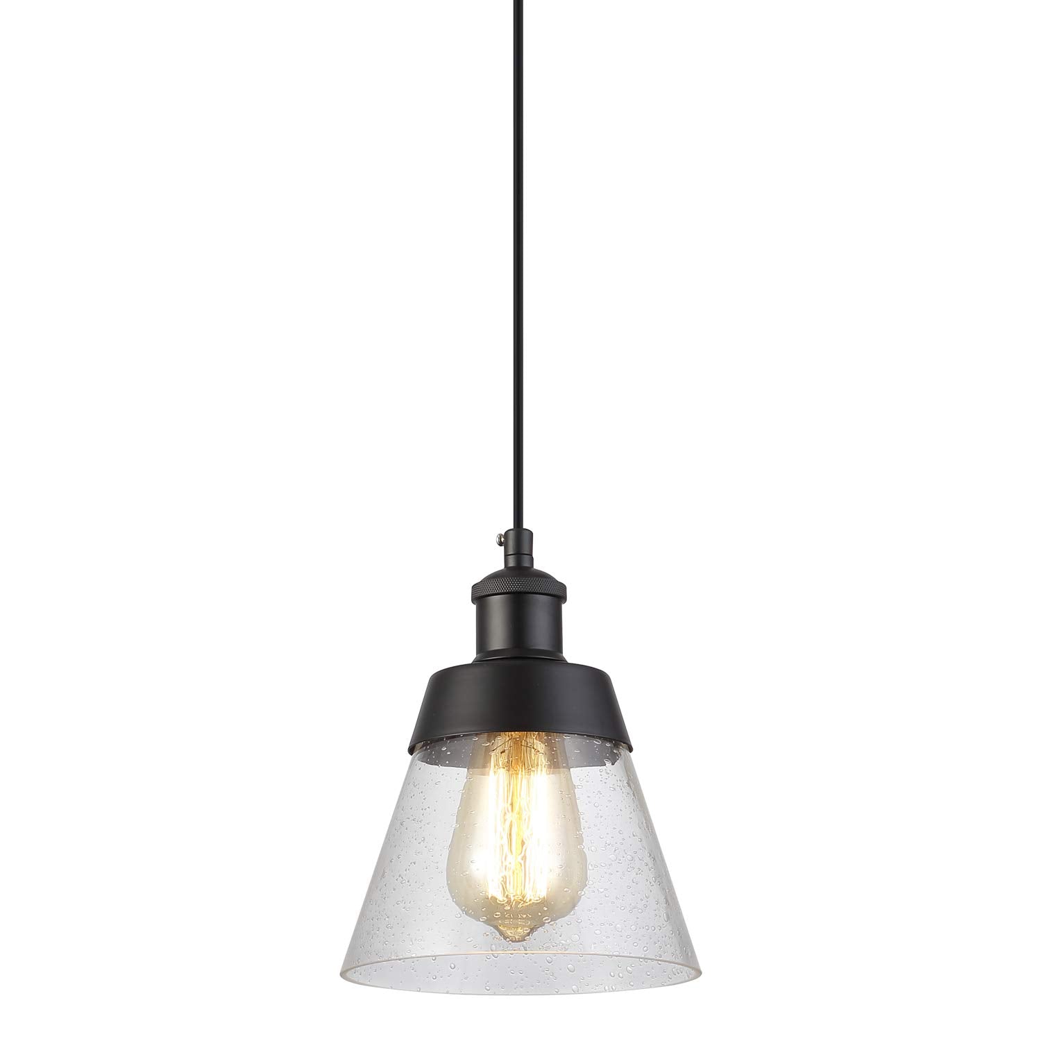 Fivess Lighting Industrial Glass Pendant Light, Mini Pendant, Black Metal, Adjustable, Handblown Clear Seeded Glass Shade