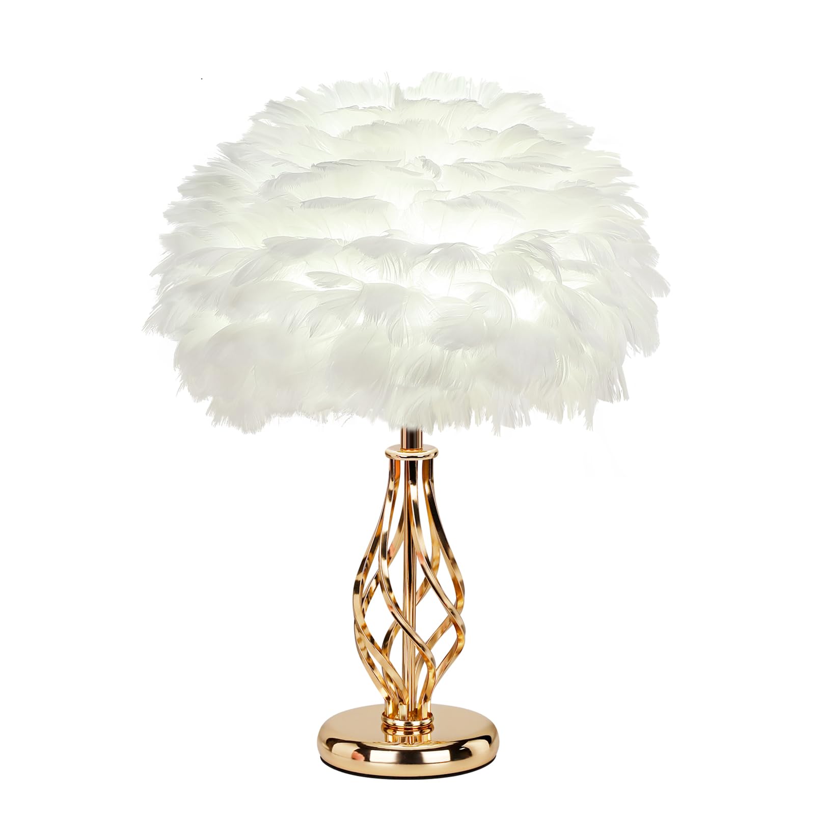 LINCWONZ Feather Table Lamp - Unique Golden Spiral Cage Base, 3-Color Temperature, 13.8in x 13.8in x 18in, White
