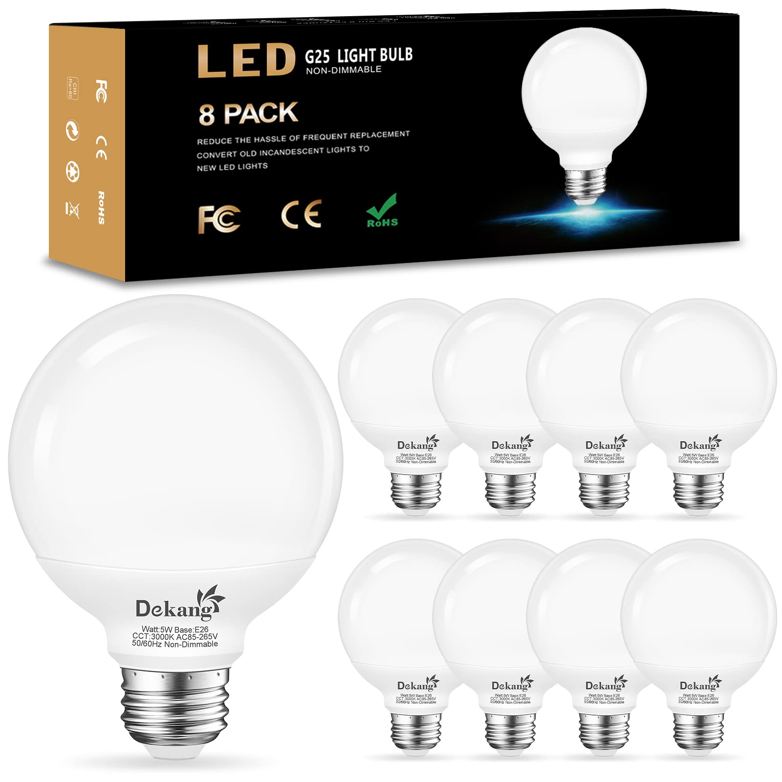 Dekang 8 Pack E26 Base Bathroom Light Bulbs 3000K Soft White, G25 Led Globe Light Bulbs 60Watt Incandescent Equivalent, Round Li
