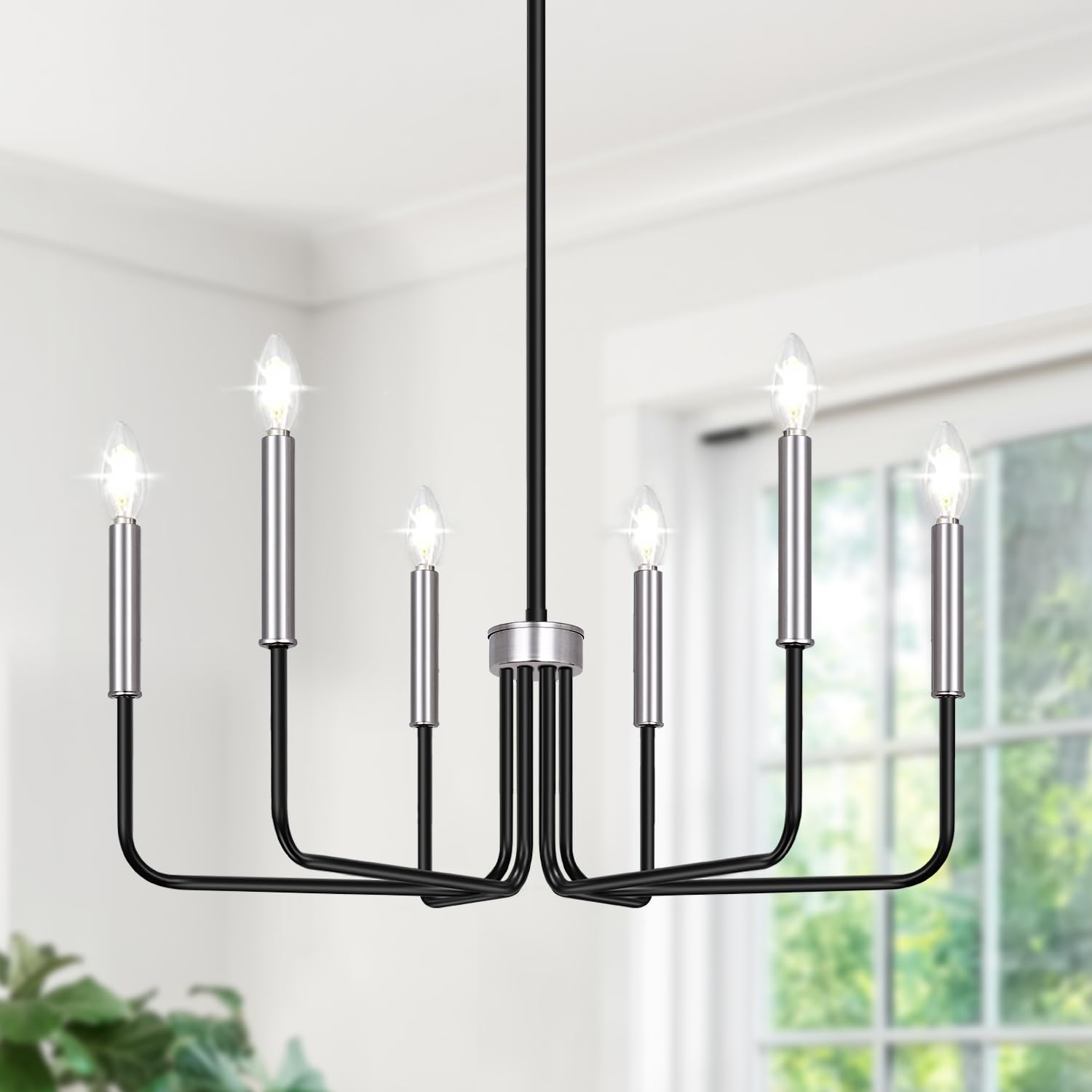 Lynnoland 6-Light Chandelier - Black and Silver Metal Lighting Fixture for Dining Room, Kitchen, Living Room, Foyer, Model L220028P6