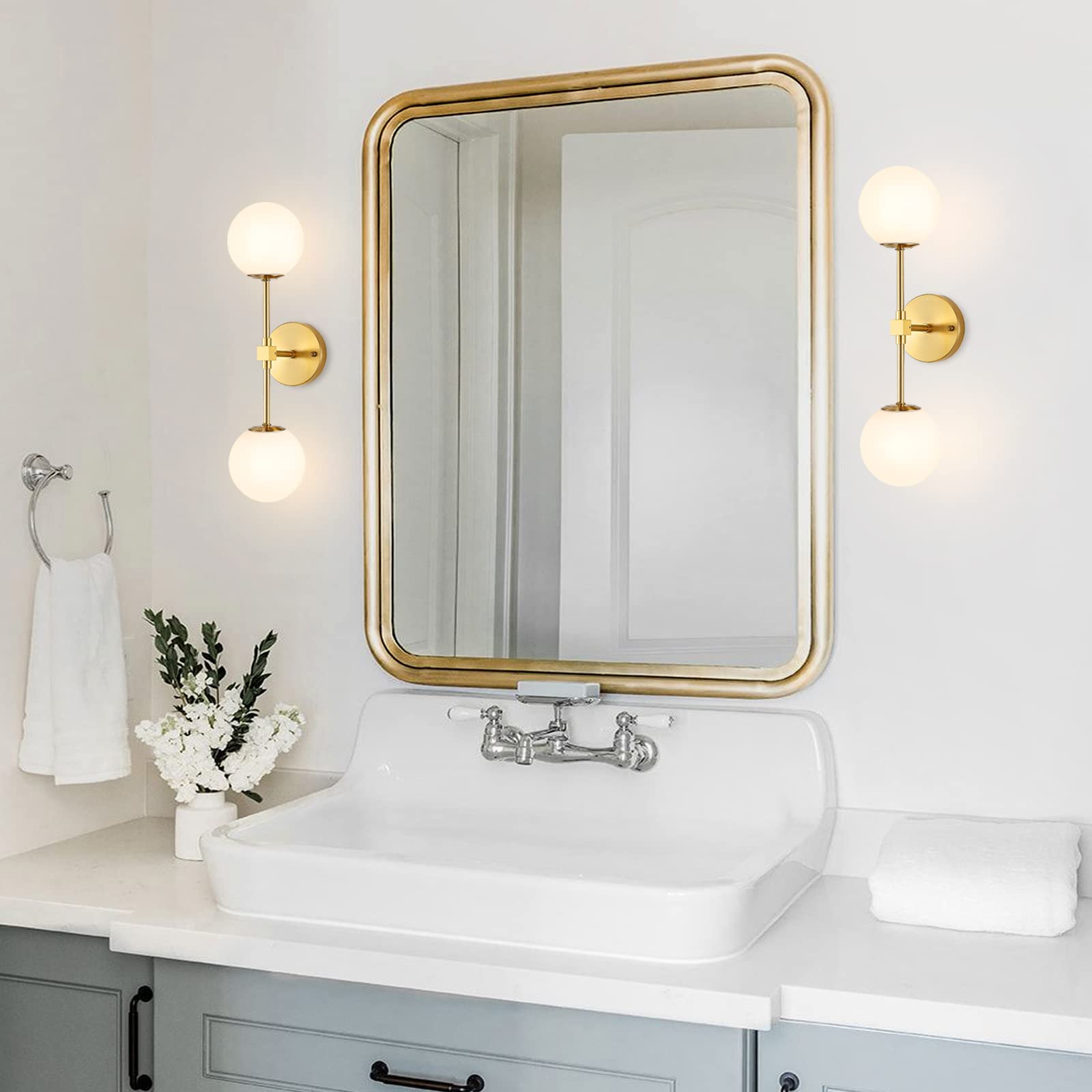 BAODEN Modern Wall Sconce 2-Lights Industrial Mid Century Bathroom Vanity Wall Light with White Globe Glass Lampshade Brushed Br