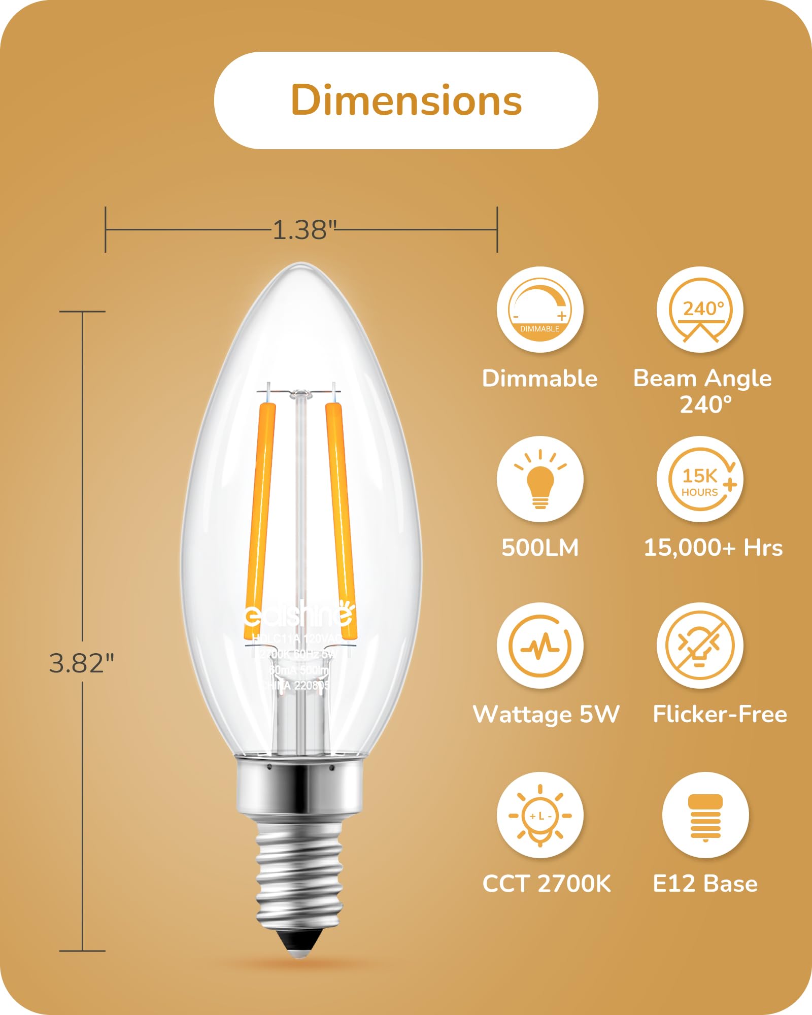 Edishine E12 Led Candelabra Bulb, 5W Equivalent 60W 2700K 500Lm Warm Light, Dimmable Chandelier Light Bulbs, Led Candle Light Bu