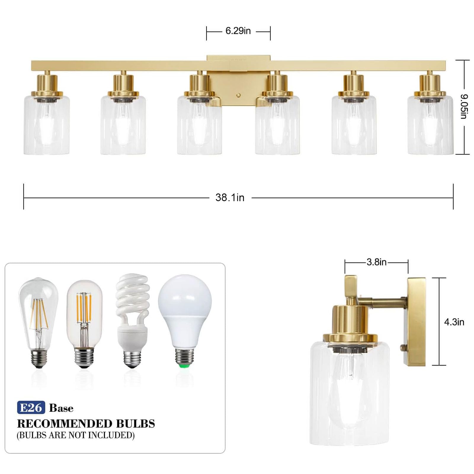 Dikaida 6-Light Gold Bathroom Vanity Light, Modern Brushed Gold Metal Fixtures For Over Mirror, Model Js-6