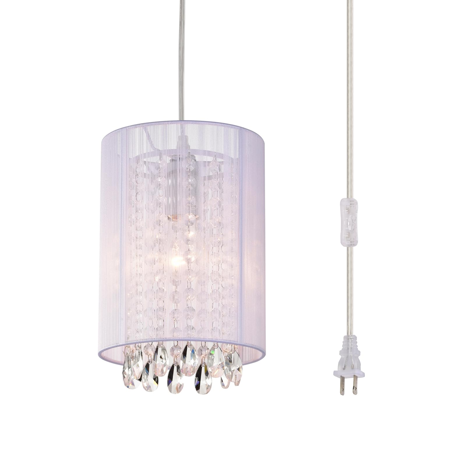 LaLuLa Plug-in Chandelier, White Cotton, Metal, 7in, Model P17168PK-P, Crystals Hanging Light for Bedrooms, Vanity, Bathroom