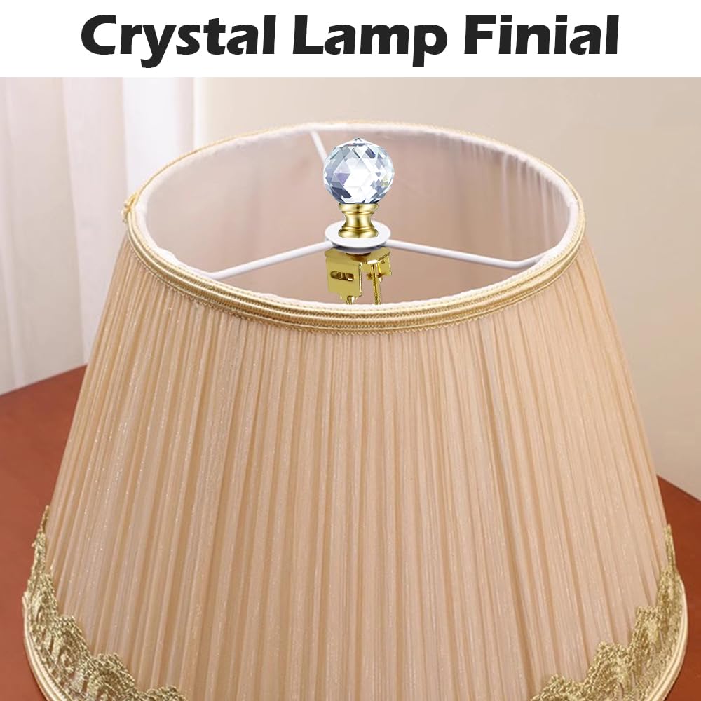 Asjeumt 2Pcs Lamp Shade Light Bulb Clip Adapter Kit, Gold Lampshade Holder Adapter With Crystals Top Finial, No Harp Required, Clip On Bulb, Diy Replacement Repair Table & Floor Light Metal Parts