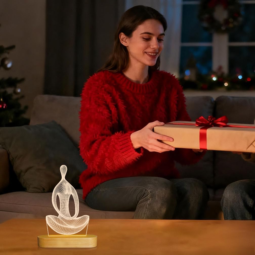 Lightzz Yoga Lamp - LED 3D Night Light for Meditation - Wood Base, Yellow - Model FS-XMX001-9999, Perfect Gift for Girls & Women