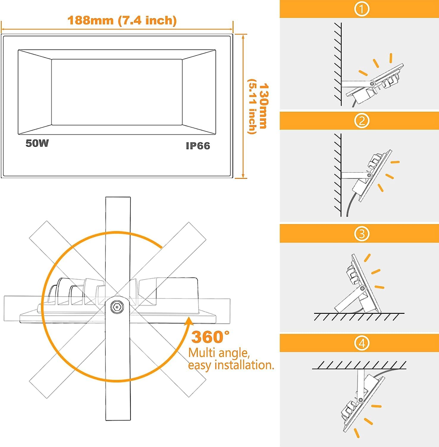 Hydong Led Flood Light 500W Equivalent Rgbw 2-Pack, Remote Control, Dimmable, 5000Lm