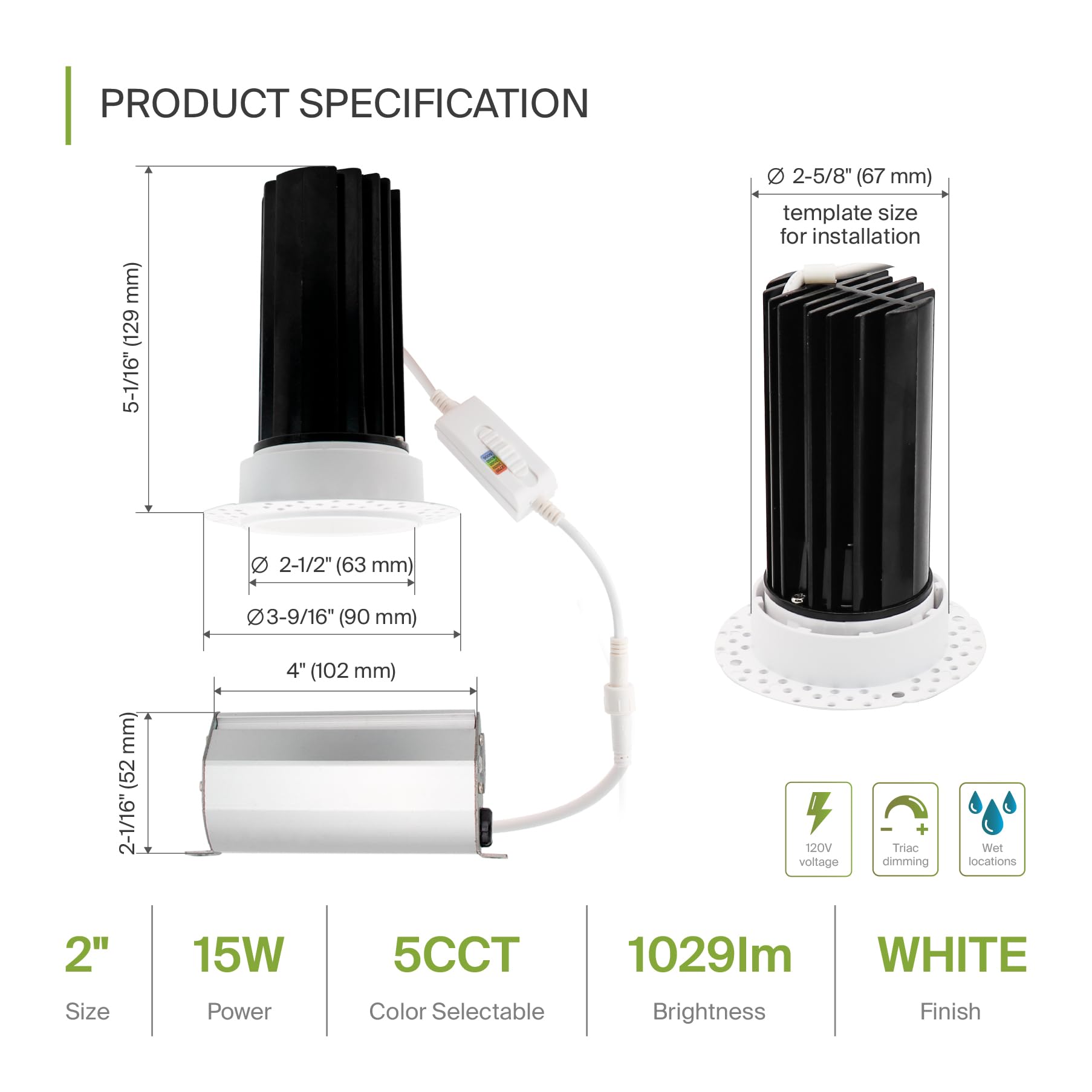 ASD LED Recessed Lighting Downlight 15W 120V 2in Round White, Dimmable, 5 CCT 2700K-5000K, Model A-CD