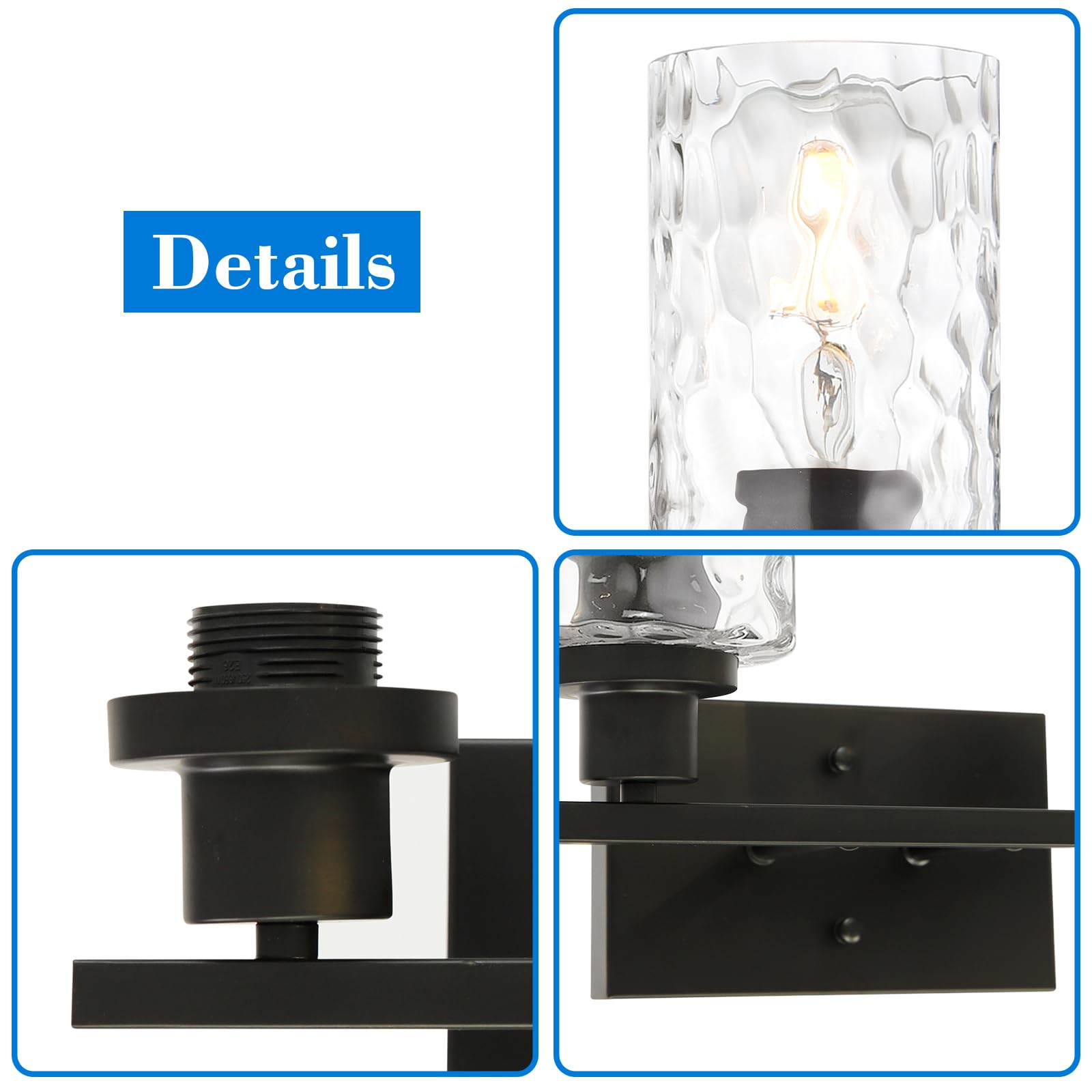 MELUCEE Wall Light Fixture, 4-Light Black Metal Vanity Light with Clear Hammered Glass, Model 6919305763081