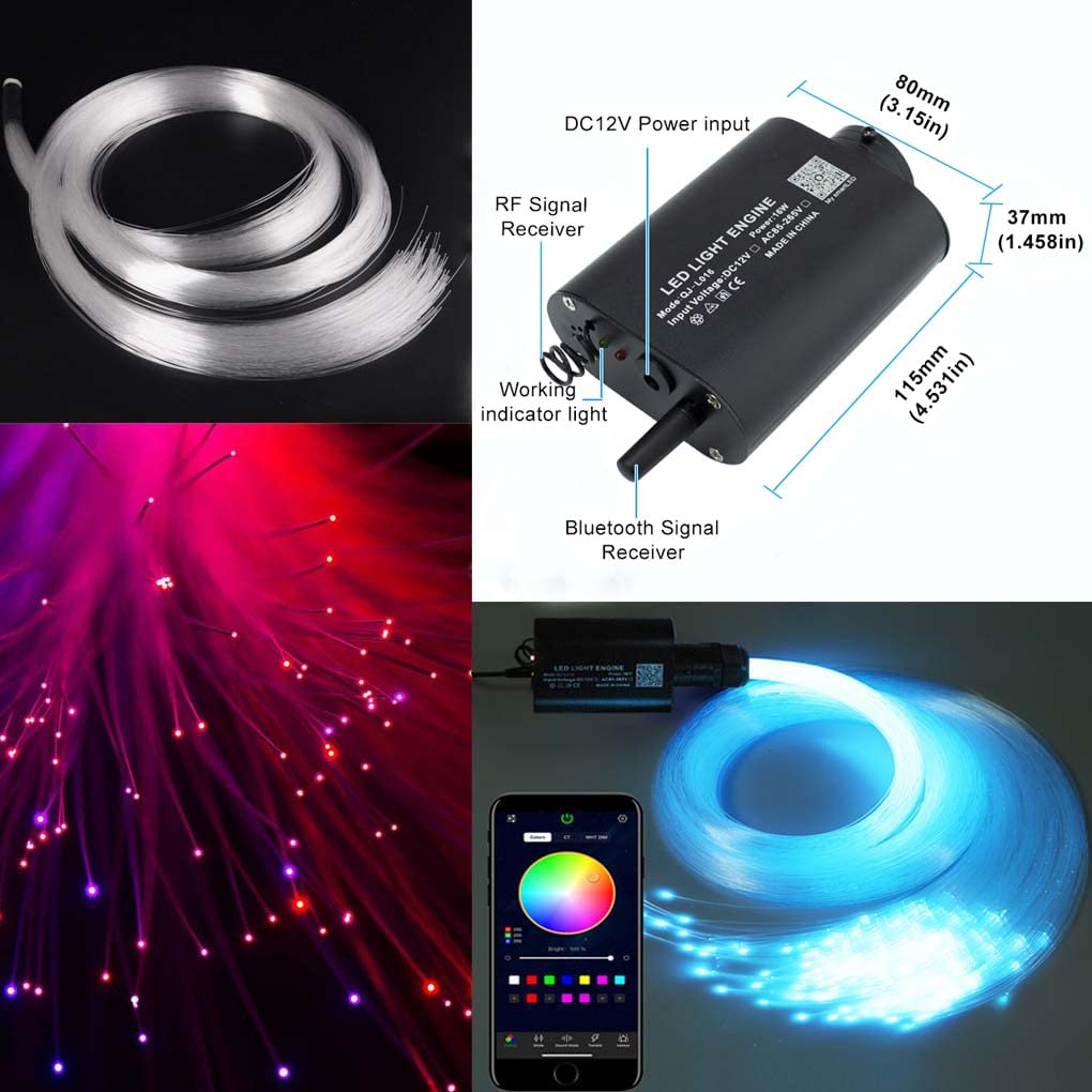AZIMOM LED Bluetooth Fiber Optic Light Kits 16W RGBW 150pcs 0.03in 6.5ft Multicolor Remote/APP Control Car/Home Lighting