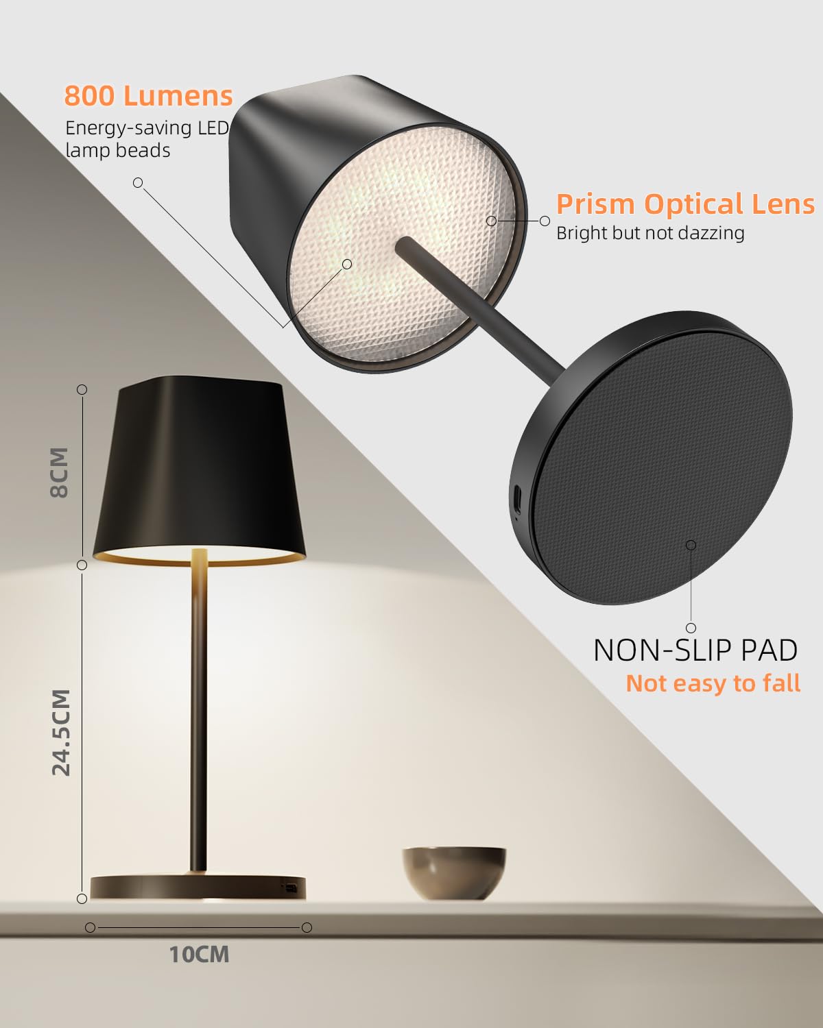 Quntis Cordless Led Table Lamp Set Of 2, Touch Control, Rechargeable, Dimmable - Black