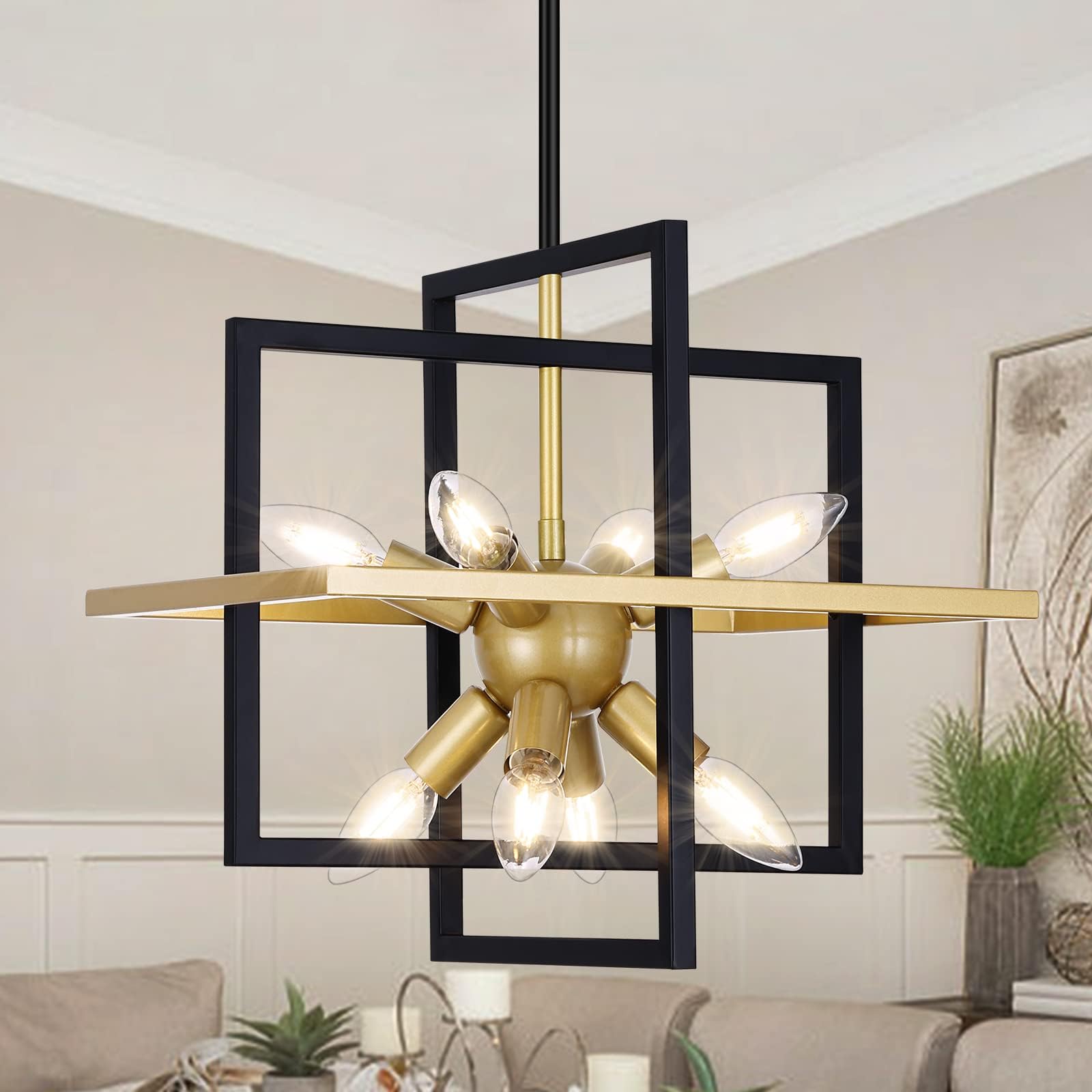 Goomavi Small Modern Lantern Chandeliers, Geometric Black Gold Pendant Light Fixture, 8-Light Industrial Hanging Chandelier For 