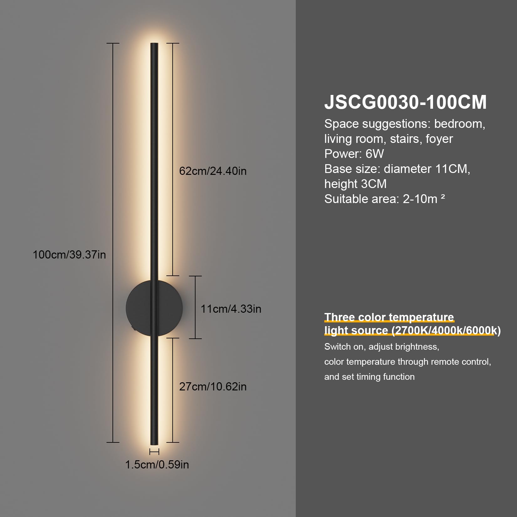 Aipsun Black Battery Operated Wall Sconce with Remote Control, Dimmable LED, 23.6 Inch, Aluminum