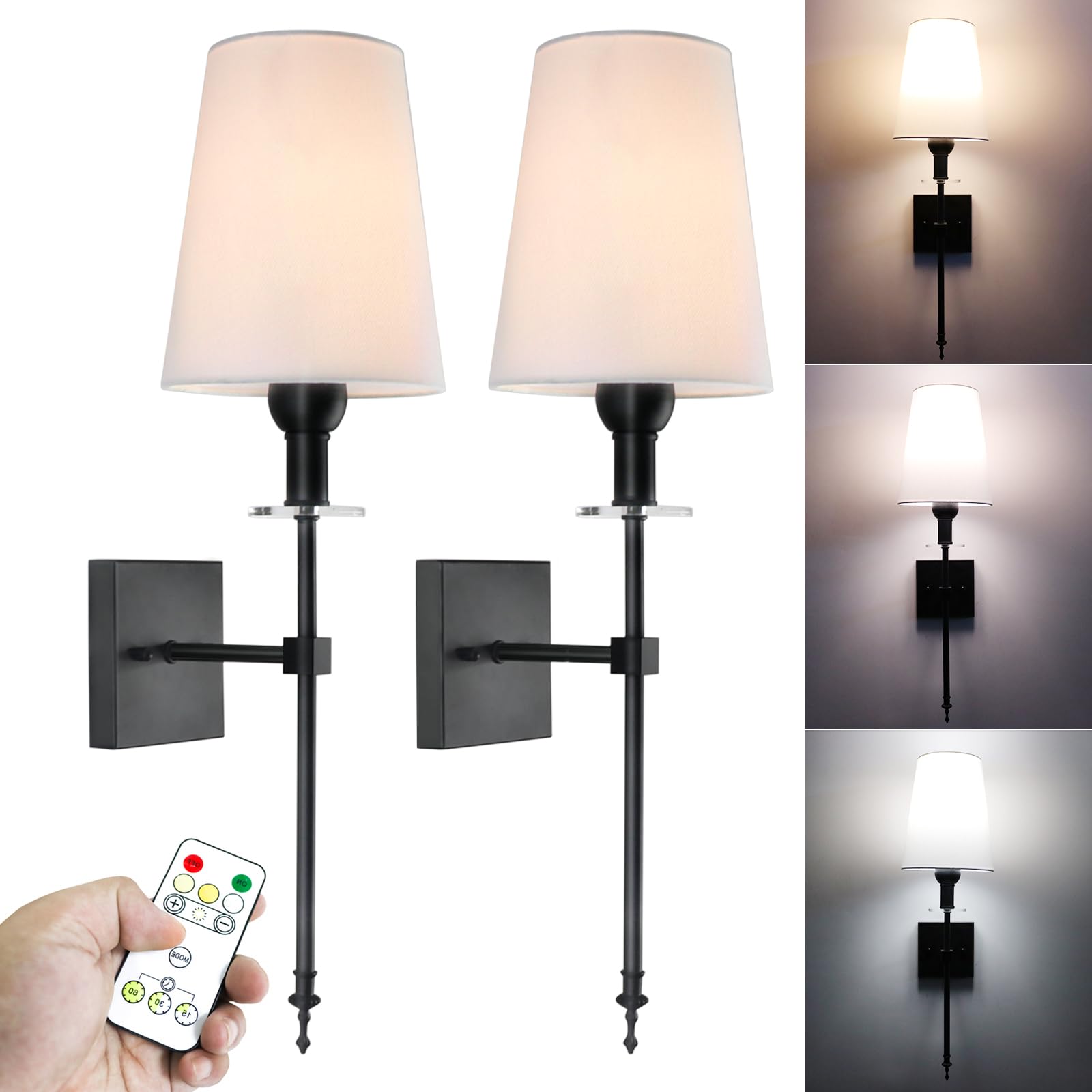 TOOTOO STAR Battery Operated Wall Sconce Set, Dimmable, Metal, Black, 6.7inL x 8inW x 23inH, Model RT015-c02, 