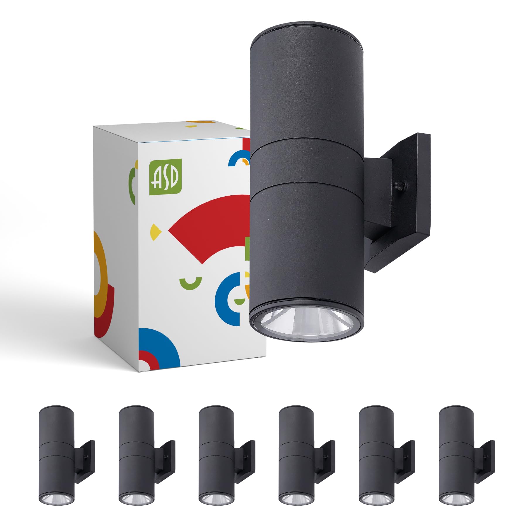 ASD 2 Light Outdoor Wall Light Fixture | 120W E26 Bulb Socket 120V ETL Cylinder Up Down Lights | LED/CFL/Incandescent Bulb Exterior Wall Sconce | Front Door  Porch  Patio Lighting | Black  6 Pack