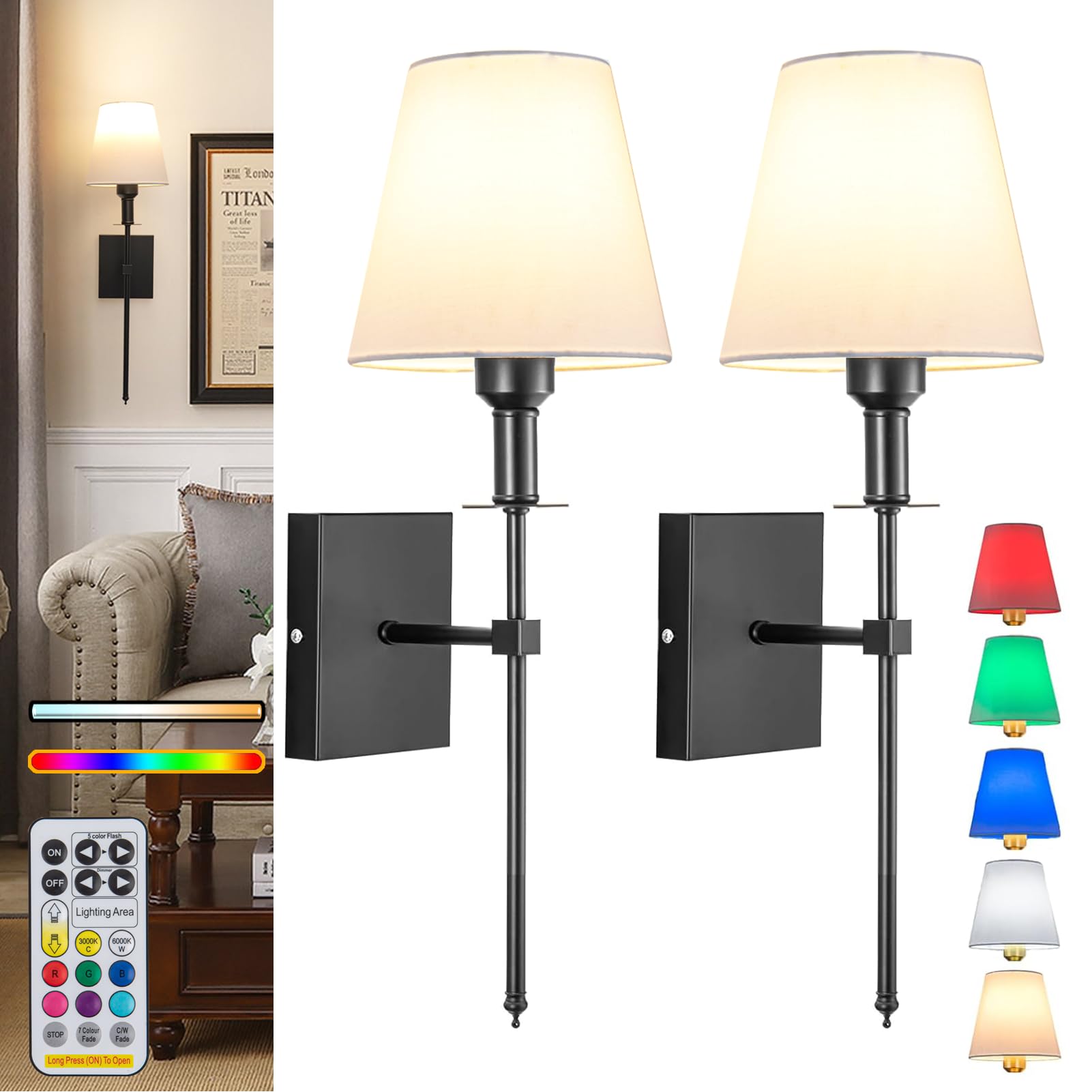 Wall Lights Battery Operated Wall Sconces Set Of 2,Black Rechargeable Wall Light With Wireless Remote Dimmable,12 Colors Modes C