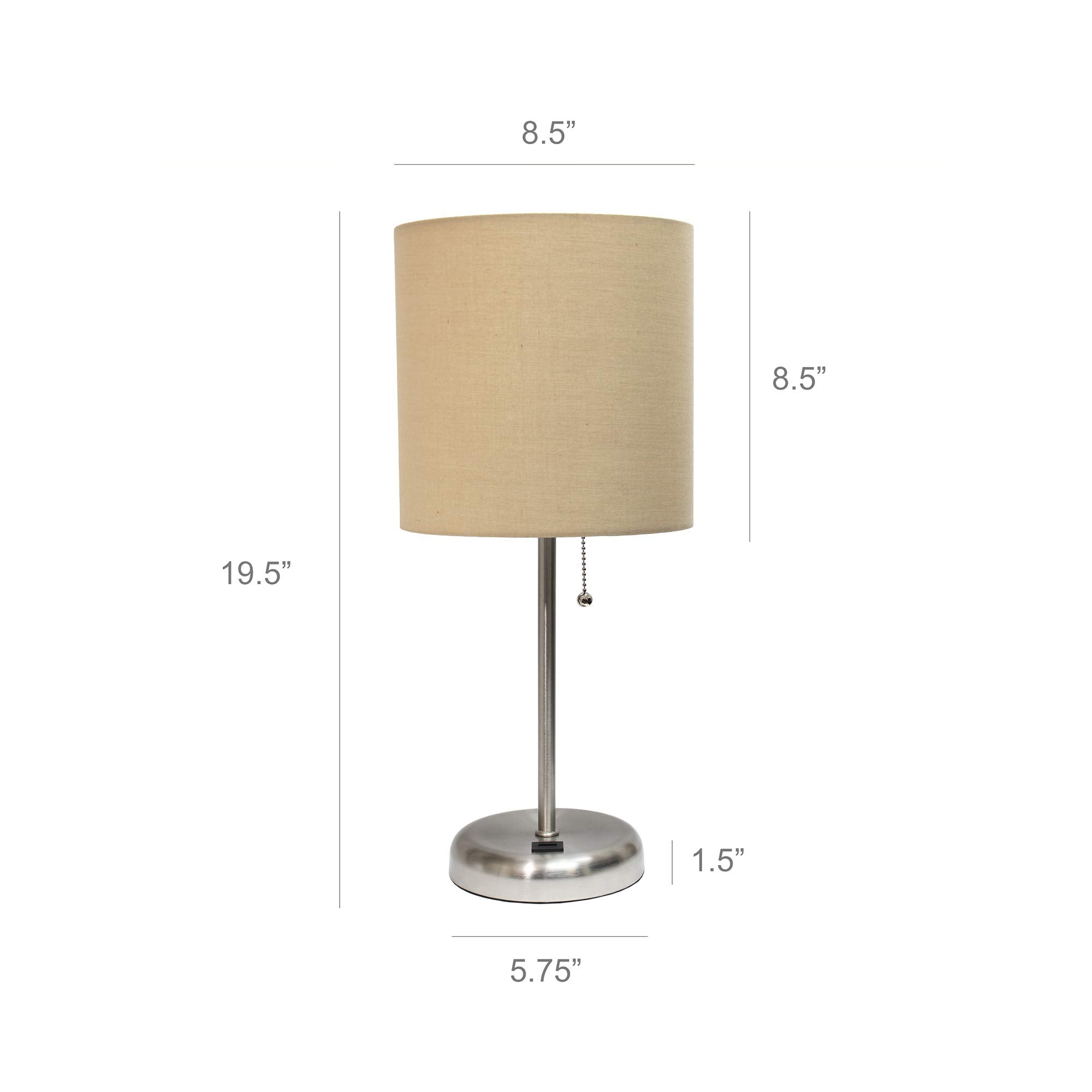 Simple Designs Lc2002-Tan-2Pk Brushed Steel Stick Table Lamp Set With Usb Charging Port And Tan Fabric Shades, 2 Pack Set