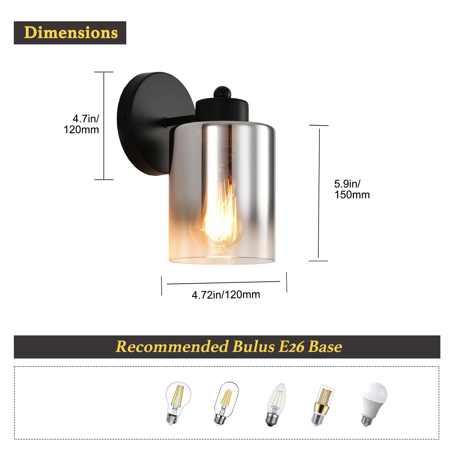 KENMI Wall Sconce Light Fixture, Metal with Clear Glass Shade, Modern Design, Matte Black, 1 Pack, Model W12W