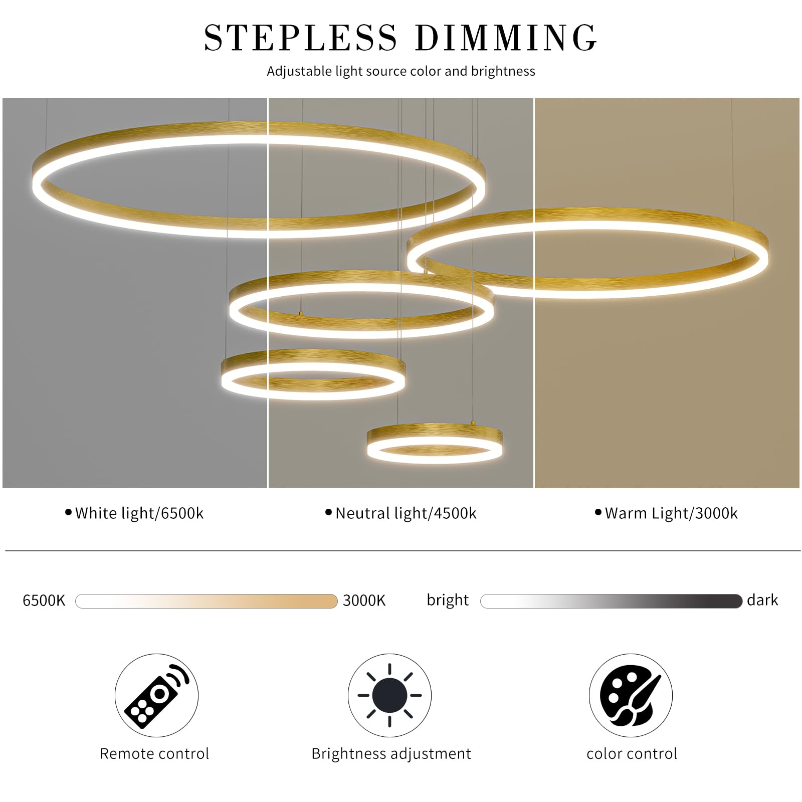 Mikeru LED Chandelier Light, 5 Rings, Remote Control, Adjustable 3000K-6500K, Aluminum, B-Black, Model DK-JS-346810, Sizes
