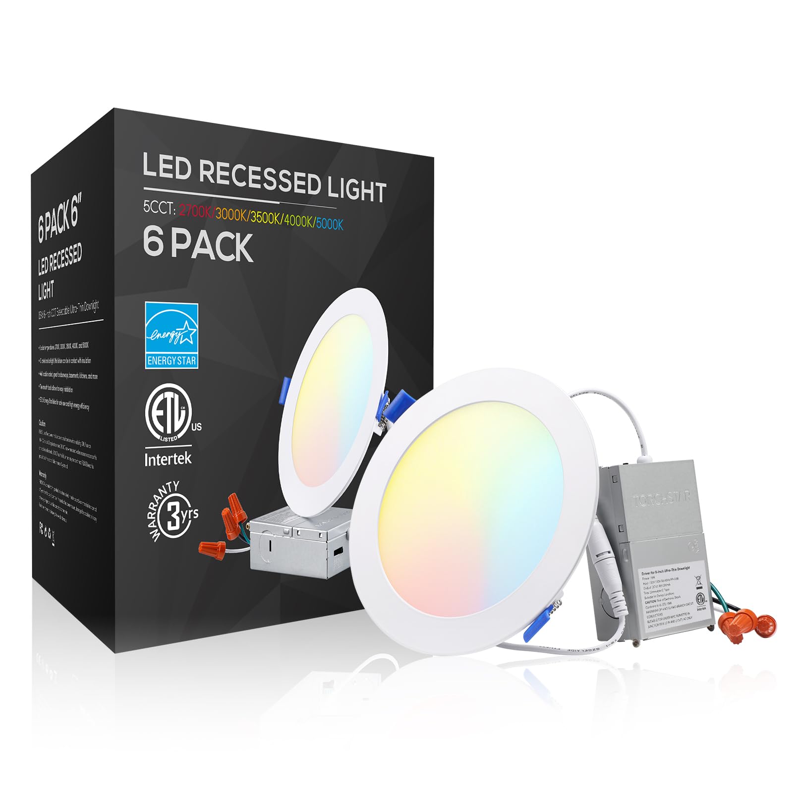 Torchstar 5Cct 6 Inch Slim Led Recessed Lighting With Junction Box, Cri90 Dimmable 12W Ultra-Thin Led Recessed Light, 27003000350040005000K Selectable, 1000Lm Led Downlight, Etl & Es, Pack Of 6
