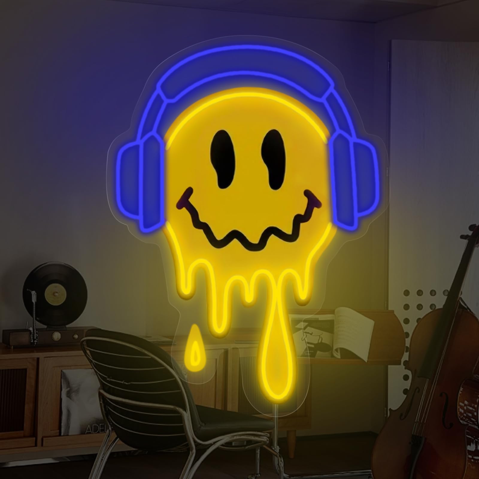 Melting Smile Face With Headphone Neon Sign For Wall Decor Neon Smile Light Signs For Kids Room Bar Party Bedroom Decor Lamp Personalized Gifts Kids Room  Wedding Decoration  Holiday Gift-Blue
