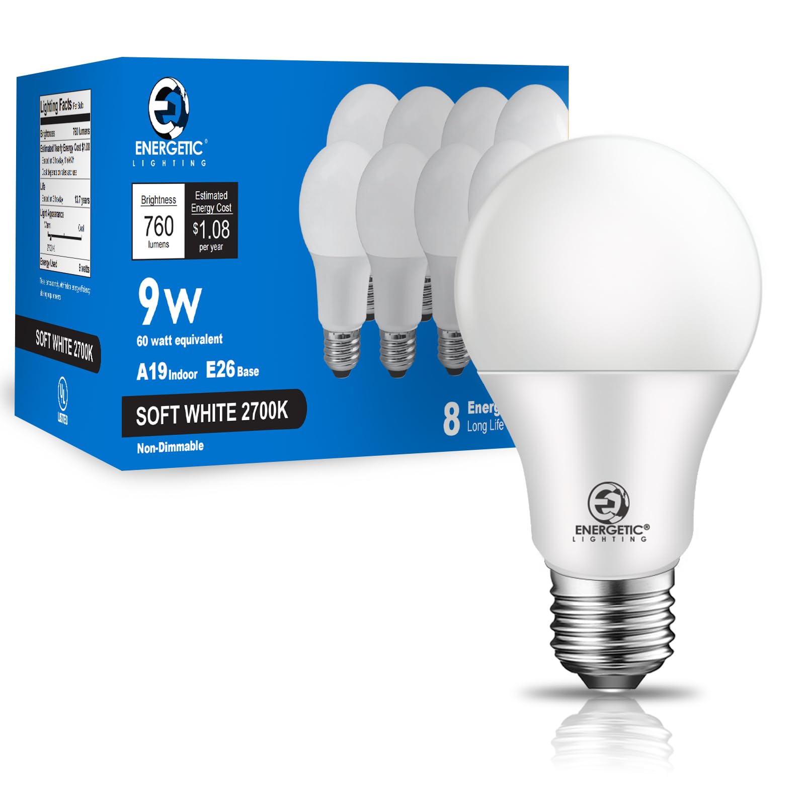 E Energetic Lighting Light Bulbs 60 Watt Equivalent, A19 Soft White Led Light Bulbs, 15000 Hrs E26 Base, 9W 760Lm 2700K Light Bu
