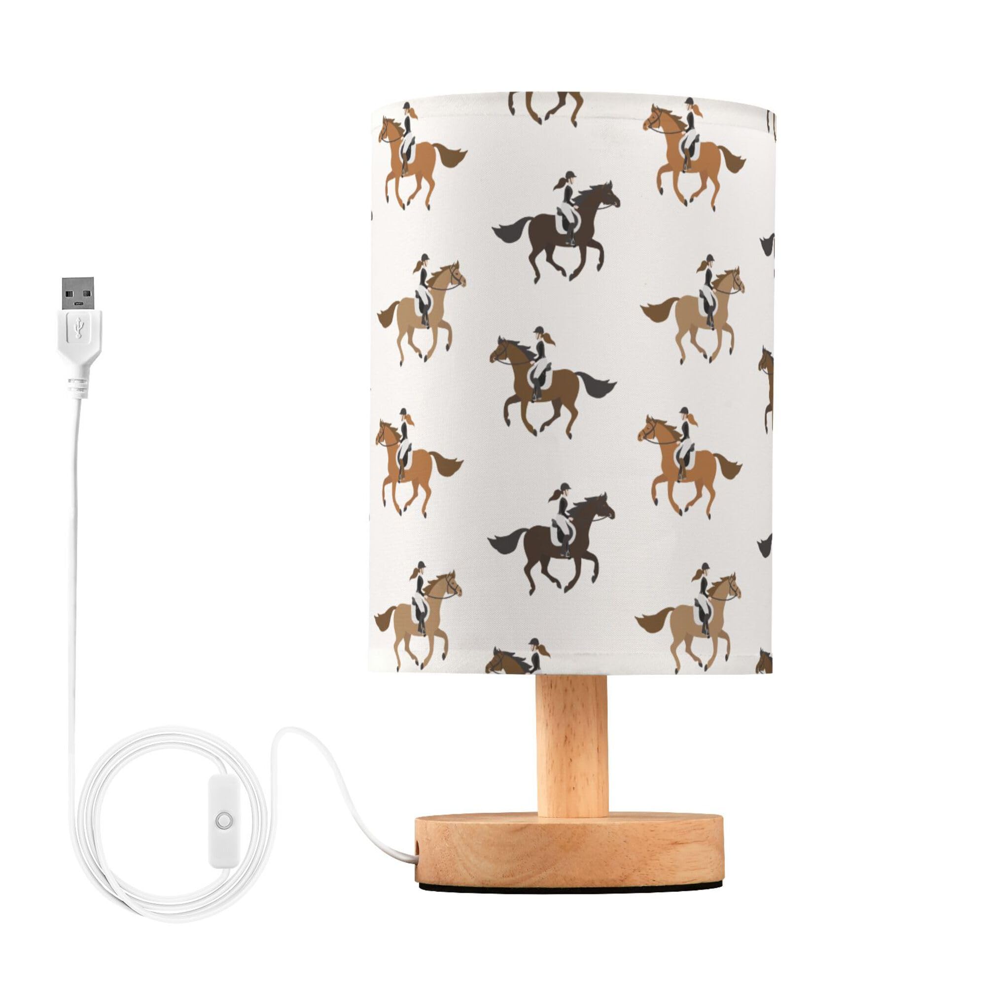 Yyzzh Table Lamp Cowgirl On Horse Pattern Nightstand Lamp With Wood Base Fabric Lamp Shade Bedside Desk Lamp For Living Room Bed