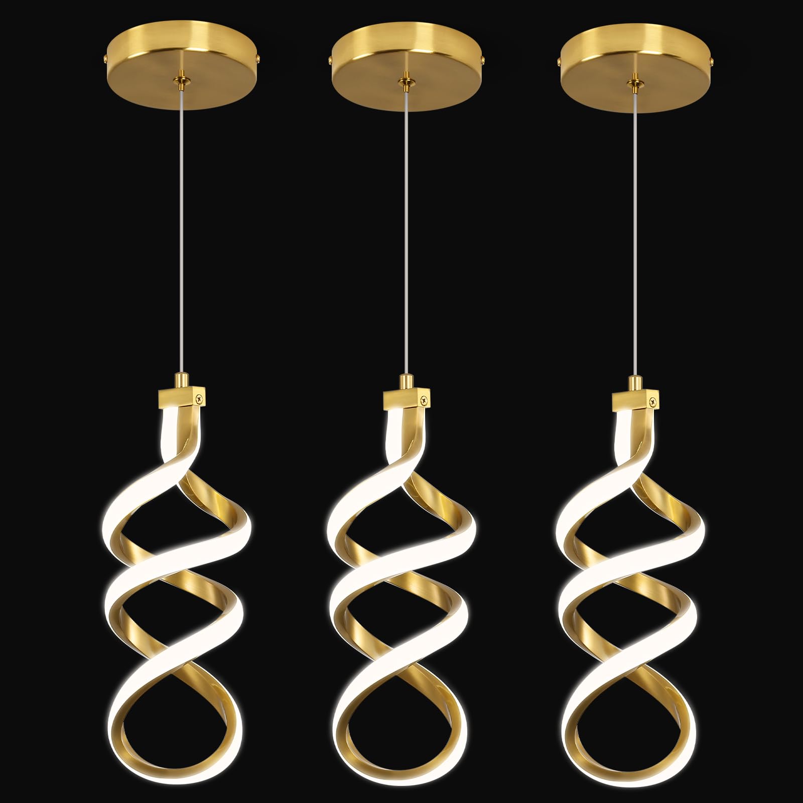 EIDISUNY 3 Packs Pendant Light  15W Spiral Led Pendant Light  4500K Modern Pendant Lights Kitchen Island  Adjustable Height Pendant Light for Dining Room Bedroom Kitchen Island Cafe
