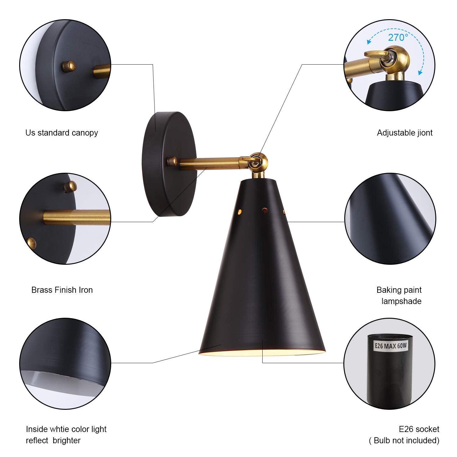 Mwz 2 Pack Modern Black Wall Sconces - Gold Rustic Industrial Lighting For Bedroom & Living Room