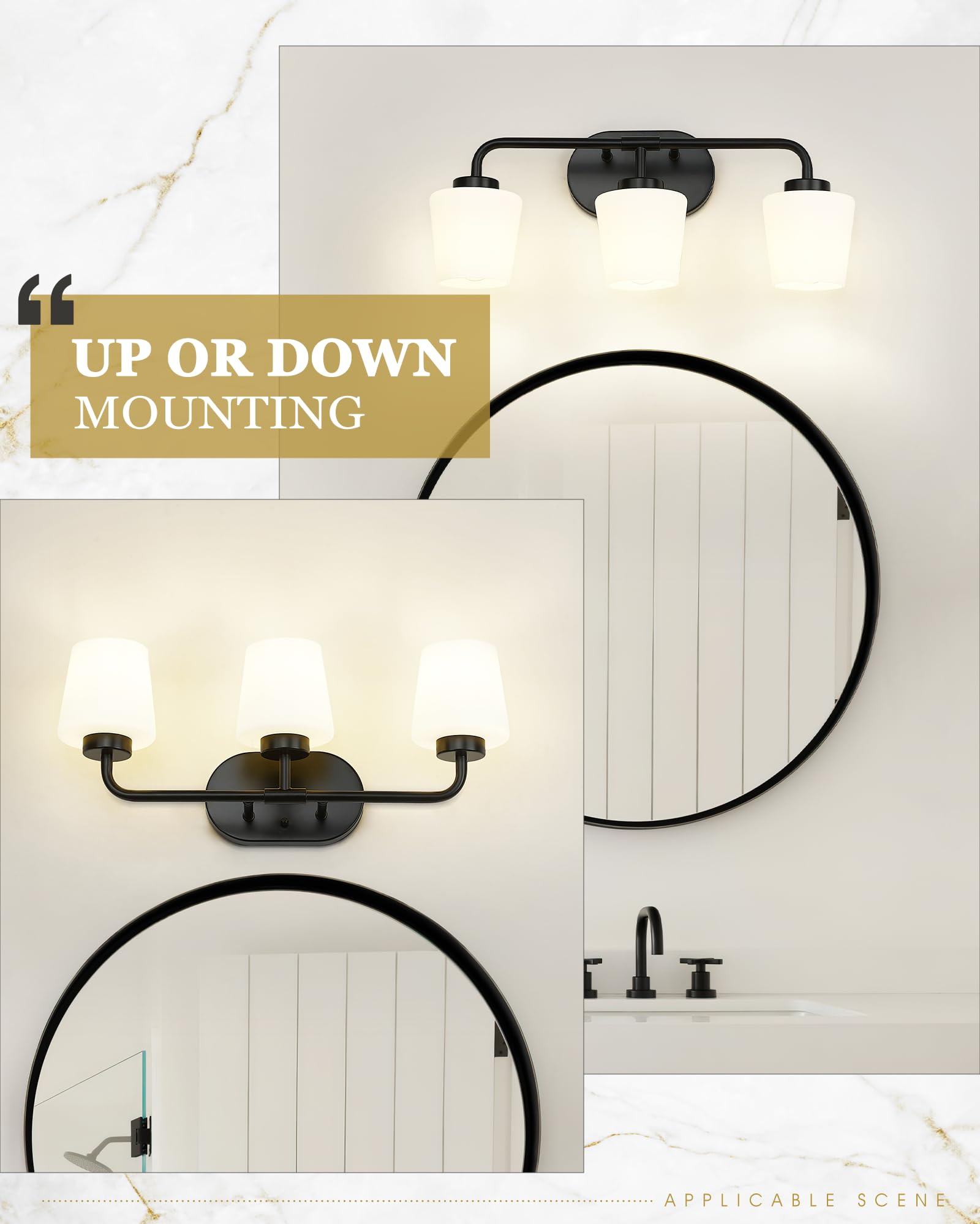 Audickic Bathroom Light Fixtures Over Mirror, 3-Light Matte Black Vanity Lighting Fixtures With Milk White Glass, Vintage Farmhouse Wall Sconces Lighting, Ad-22004-3W-Bk