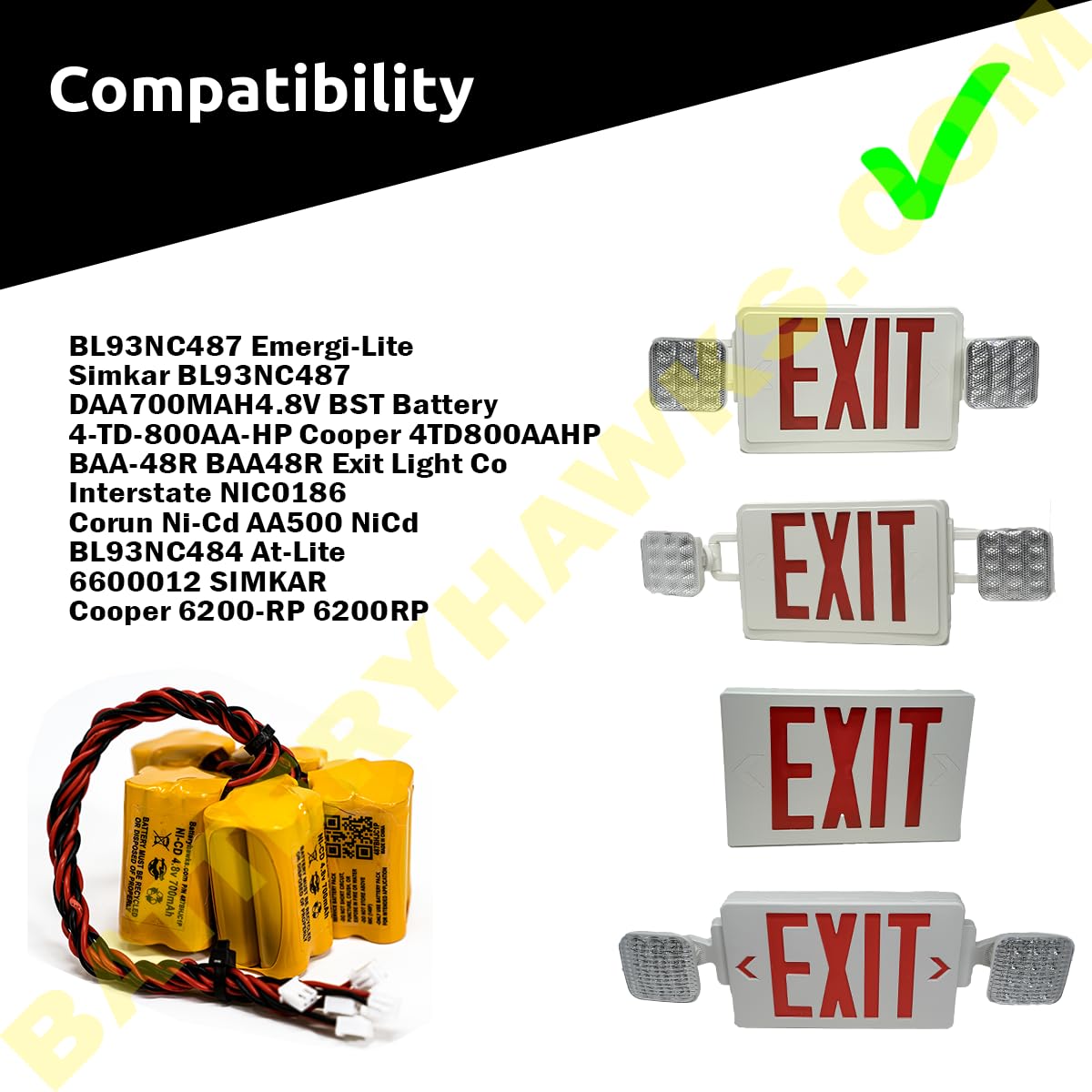 Lite Bl93Nc484 Bl93Nc485 Baa-48R Daa700Mah Emergi-Lite Bl93Nc487 4.8V4-Td-800Aa-Hp 4.8V 700Mah Nicad Battery Replacement Exit Sign Emergency Light Nicd 4.8V 500Mah 800Mah 1100Mah