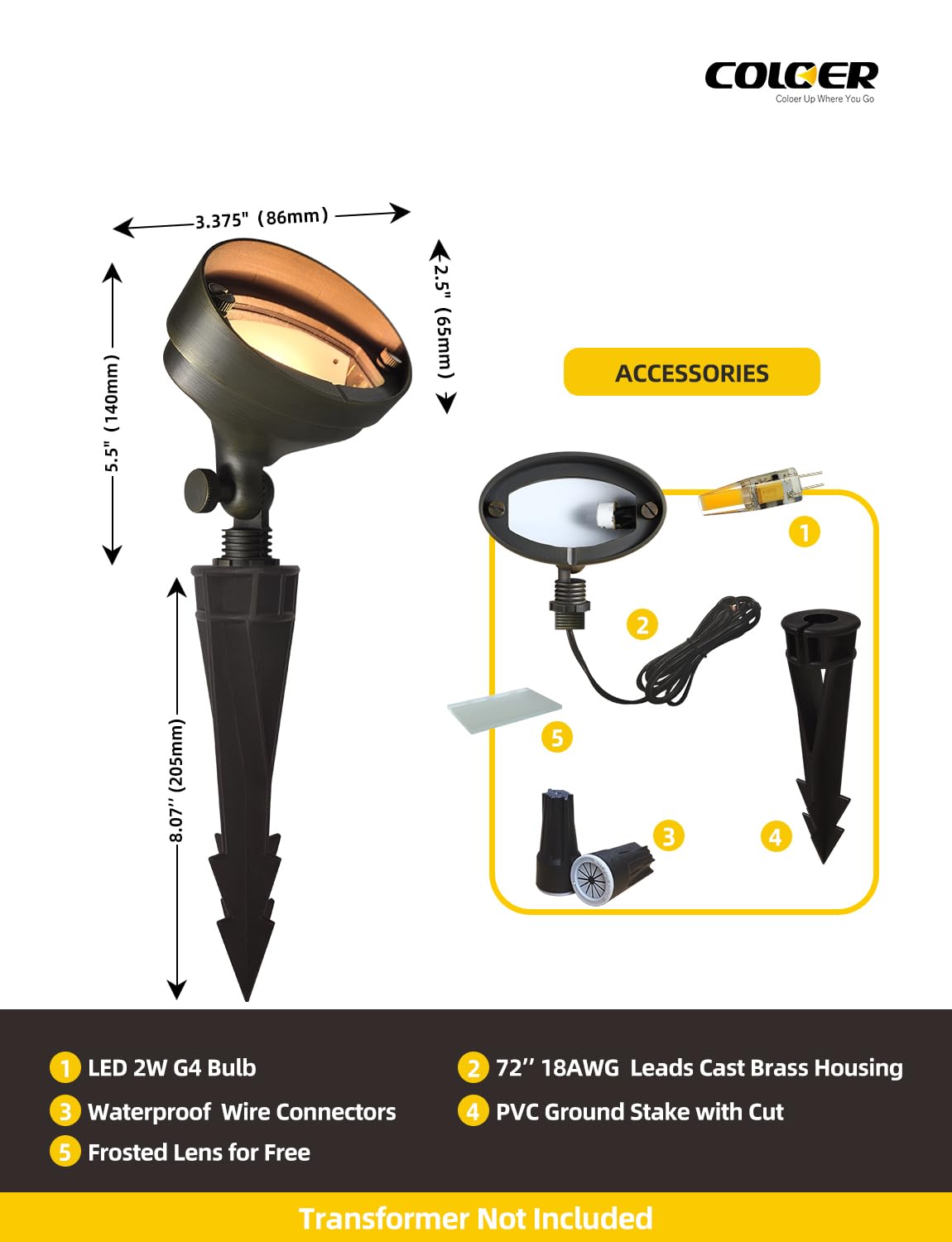 Coloer Die-Cast Brass Led Landscape Flood Lights Outdoor, 2W 12-15 Volt Low Voltage Wall Wash Lighting, Outdoor Floodlight For I