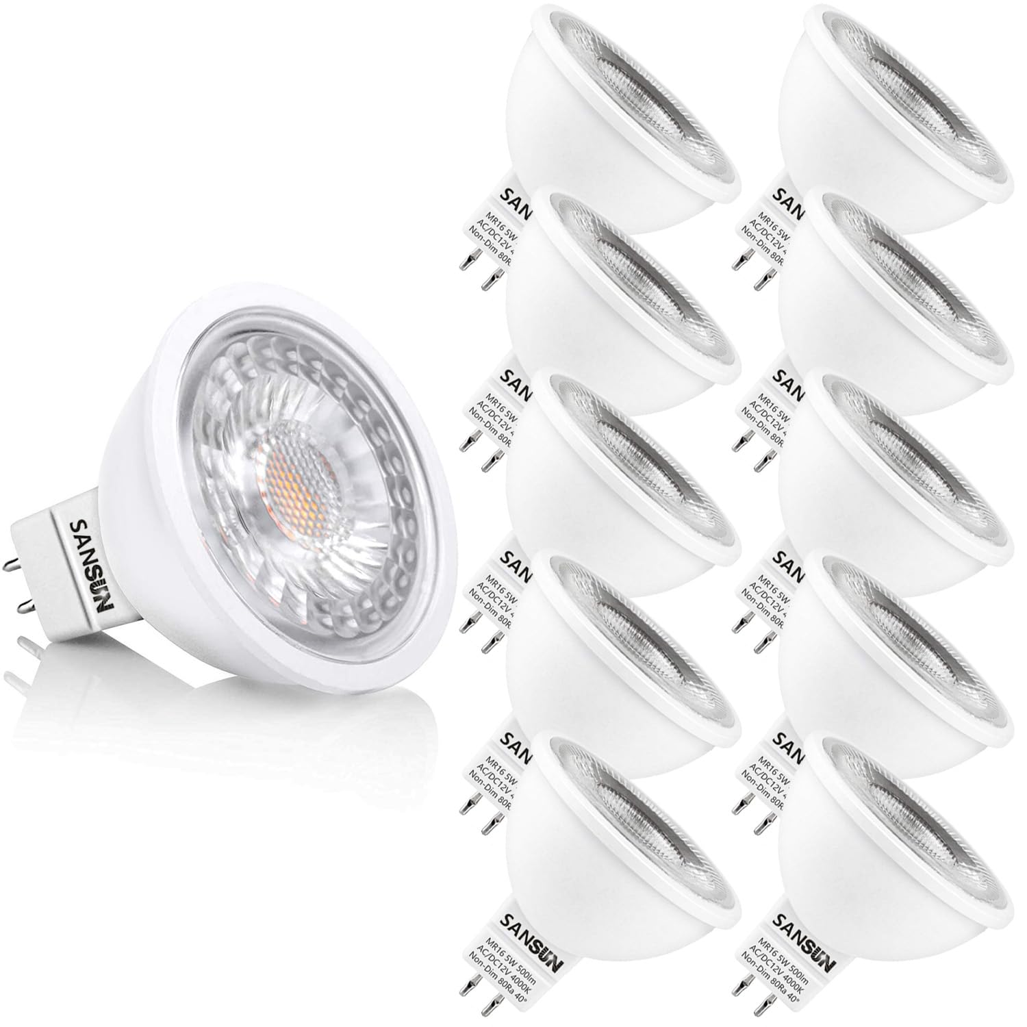 SANSUN 5W MR16 LED Landscape Light Bulbs, GU5.3 Base, Daylight White 4000K, 10 Count, Non-Dimmable, Polycarbonate Material