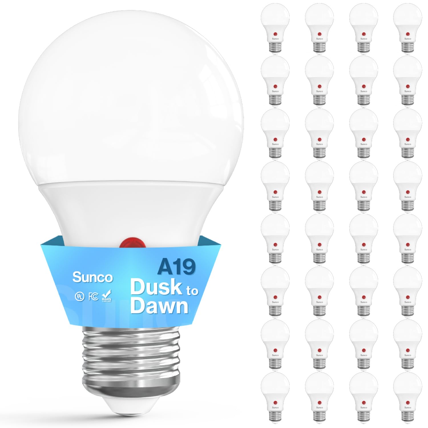 Sunco 32 Pack Dusk to Dawn LED Outdoor Light Bulb A19, Photocell Automatic for Exterior Lighting, 800 LM, 9W (60W Eqv.), 4000K C