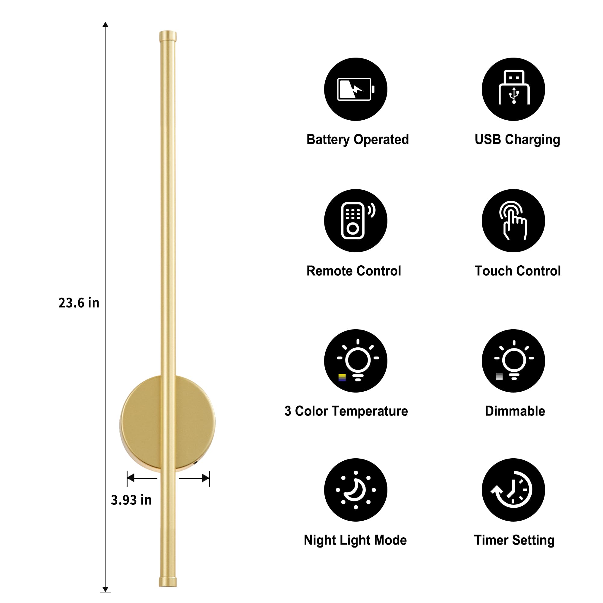 KARTOOSH Battery Operated Wall Sconces, Dimmable LED Light Set of 2, 23.6 Inch, Gold, Remote Control, 3 Color Temperatures, Model Z