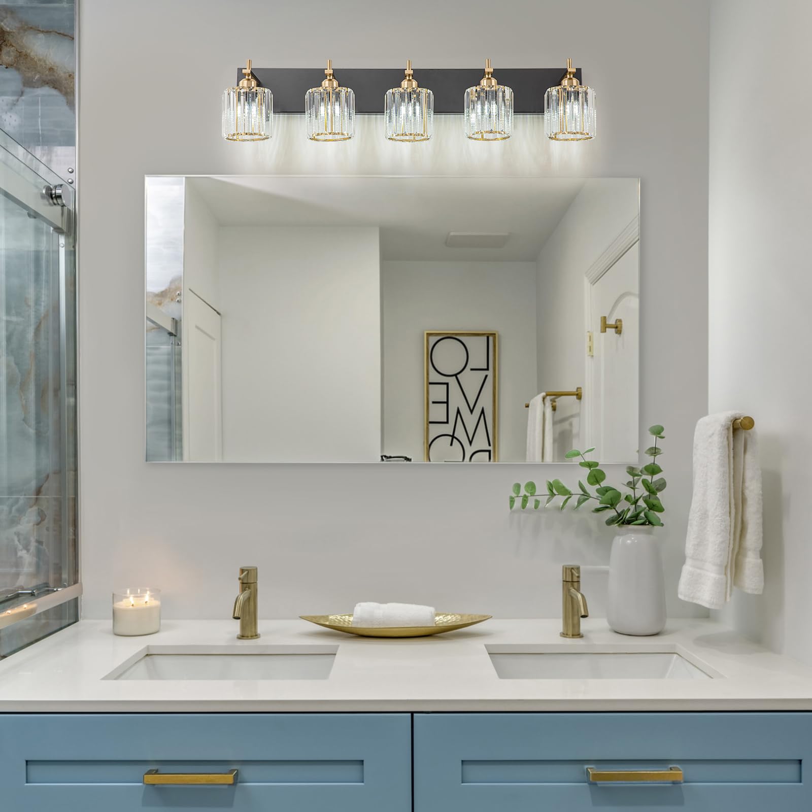 HUOKU Modern Crystal Bathroom Vanity Lights, 5-Light, Metal & Crystal, Black Gold Finish