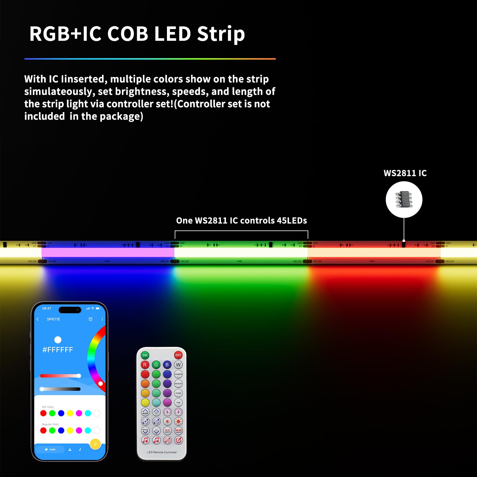 Gingsow Rgb Smart Ic Cob Led Strip Light 18Ft Addressable Chasing Color 12V Led Light Strip Multicolored Flexible Rgb Lights For Party  Decoration  Home Diy Lighting Projects(No Adapter Or Controller)