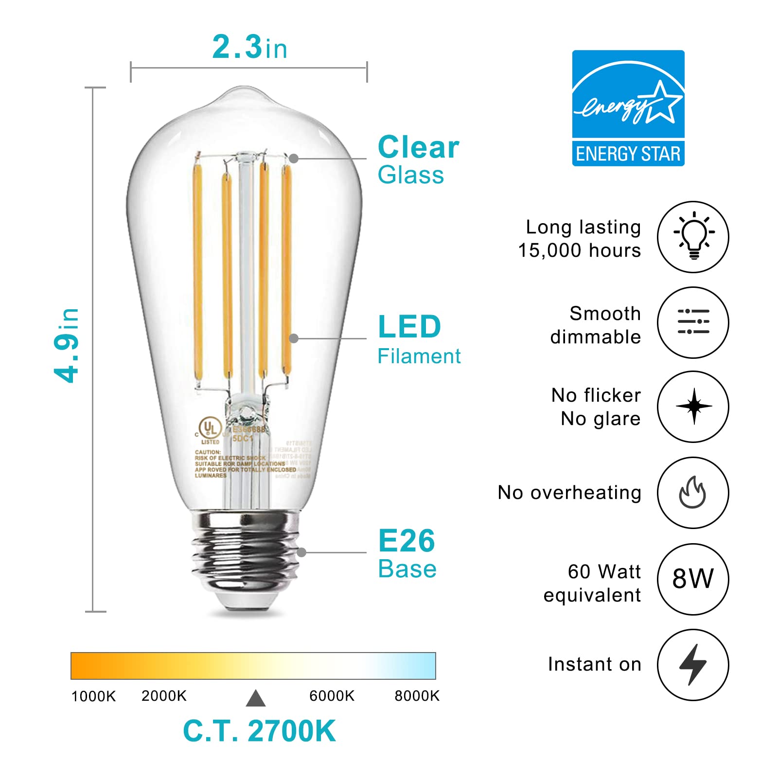 Tjoy 20 Pack Vintage 8W St58 Led Edison Light Bulbs, Dimmable, 60W Equivalent, 800Lumens, 2700K Warm White, E26 Base Led Filamen