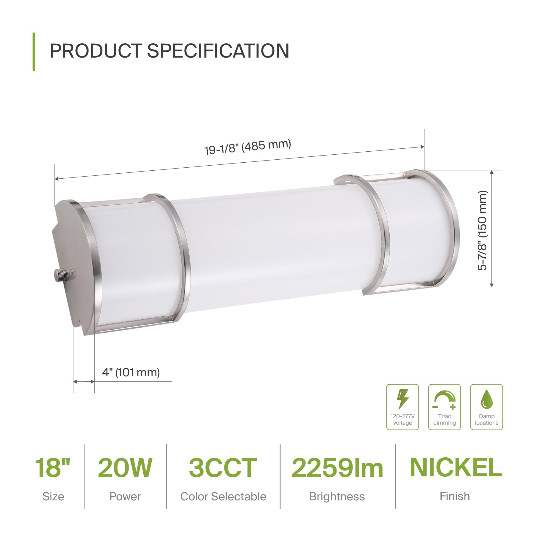 Asd Led 18 Inch Flush Mount Vanity Lighting Fixture | 20W 2300Lm 3000K-5000K 100-277V | 3Cct, Dimmable, Etl Listed | Bathroom Li