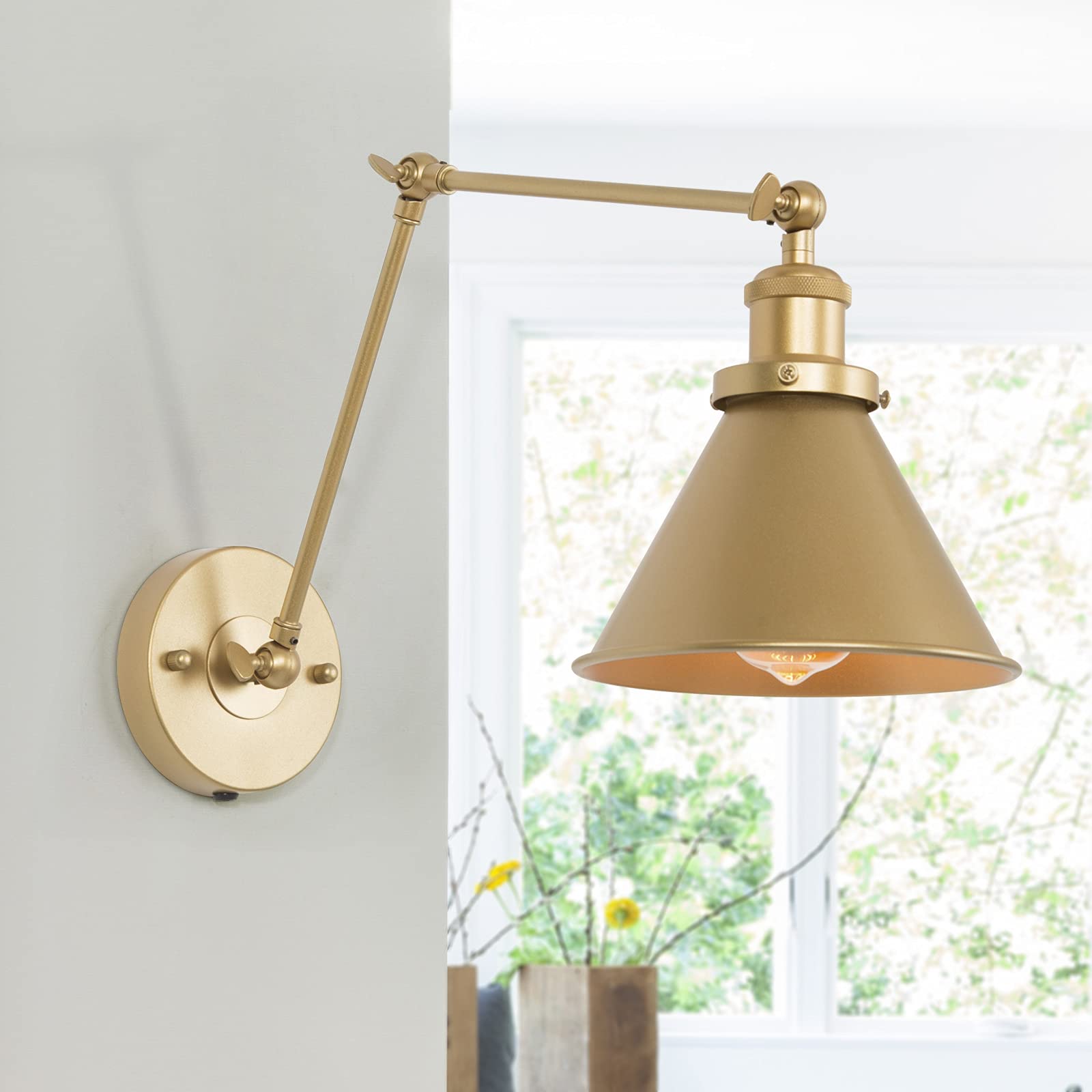 Gepow Gold Wall Sconce Lighting, Adjustable Swing Arm Plug-In Or Hardwired Lamp With Orange Cord