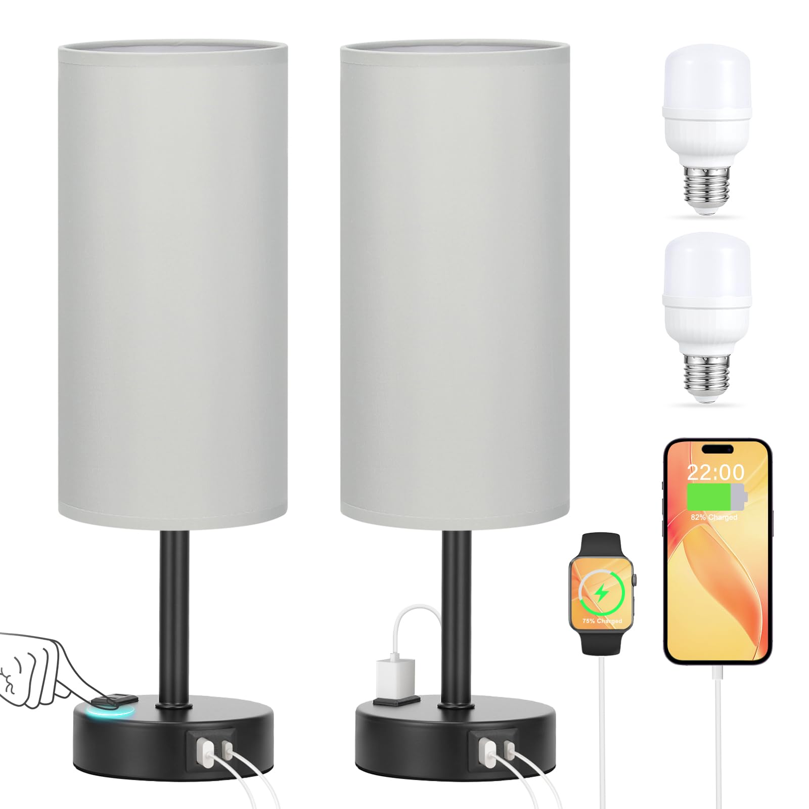 Grey Touch Table Lamps Set of 2-3 Way Dimmable Bedroom Lamps for Bedside with USB C and A Ports, Small Nightstand Lamps with AC 