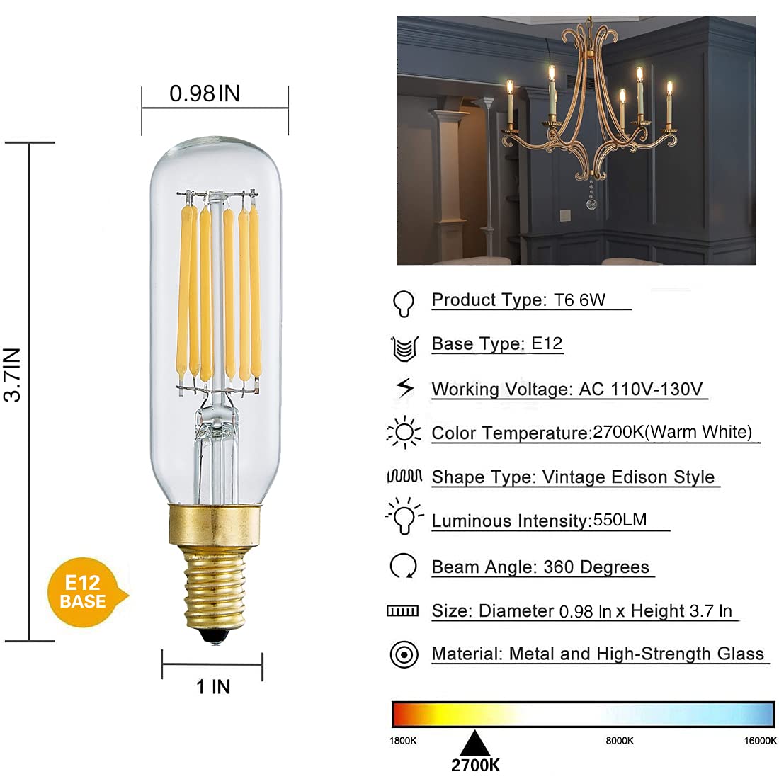YFXRLIGHT Dimmable T6 Vintage LED Light Bulbs, 6W (60W Equivalent), E12 Base, Warm White 2700K, 6 Count, Glass