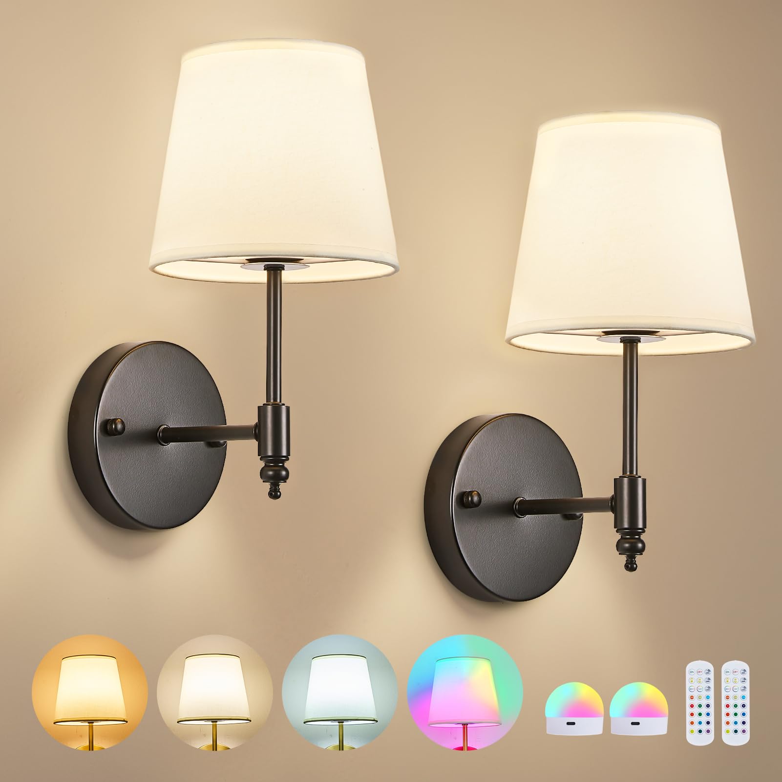 PXFLCRY Battery Operated Wall Sconce Set of 2, Black Wireless Wall Light with Remote Control, RGB Dimmable 15 Colors, Rechargeab